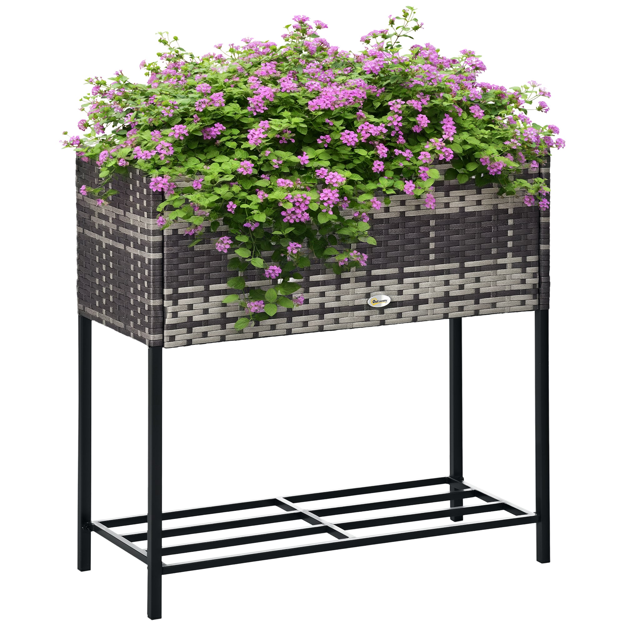 Outsunny 867-039V00GG Raised Garden Bed Elevated Planter Box with Rattan Wicker Look Tool Storage Shelf Portable Design for Herbs Vegetables Flowers Gray