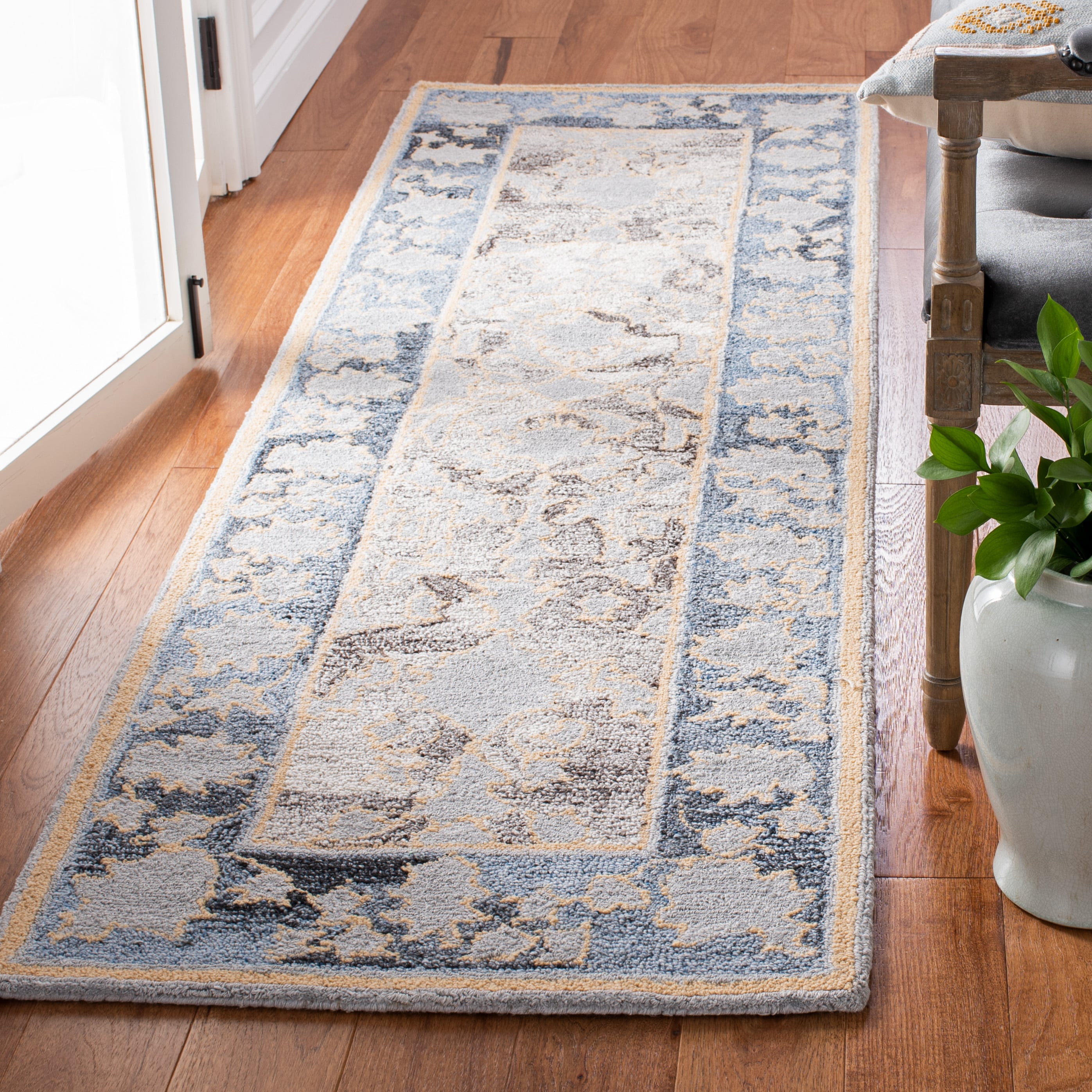 Handmade Blue and Beige Wool Abstract Runner Rug, 2'-3" x 8'