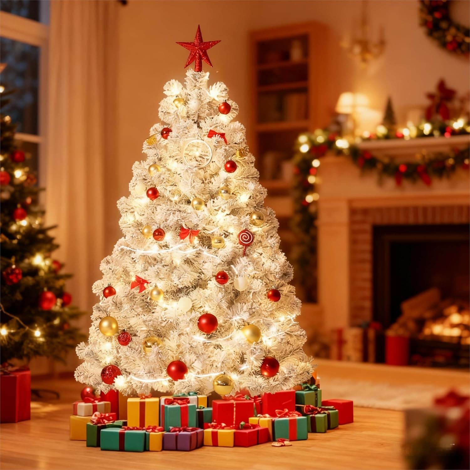 Qeetex LXL-PHK-35HGF7PX Christmas Tree 9 FT Flocked Artificial Warm White LED Lights Foldable Stand Easy Assembly Home Party Mall Holiday Decoration