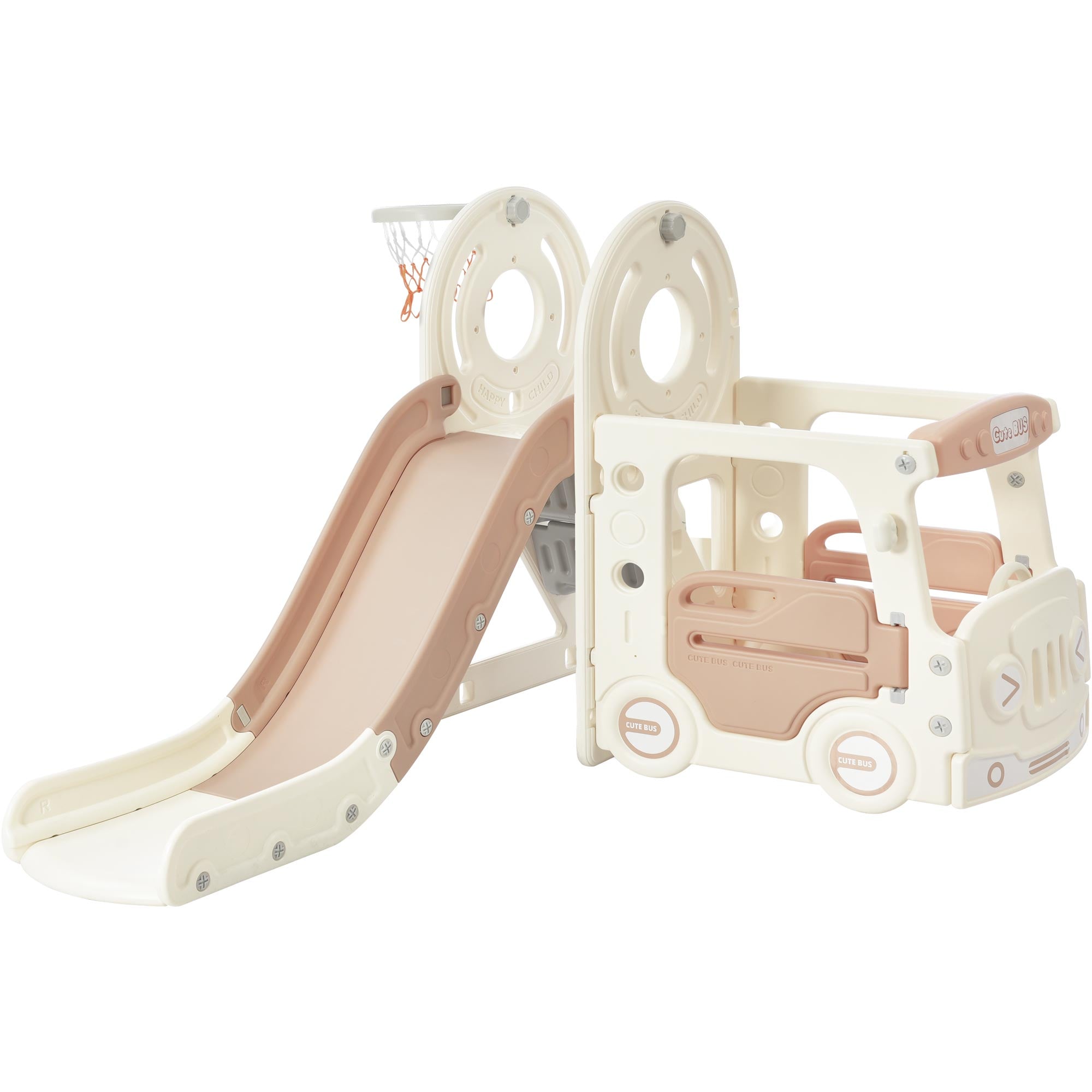Siavonce Kids Slide with Bus Play Structure, Freestanding Bus Toy with Slide for Toddlers, Bus Slide Set with Basketball Hoop #XH89AAH