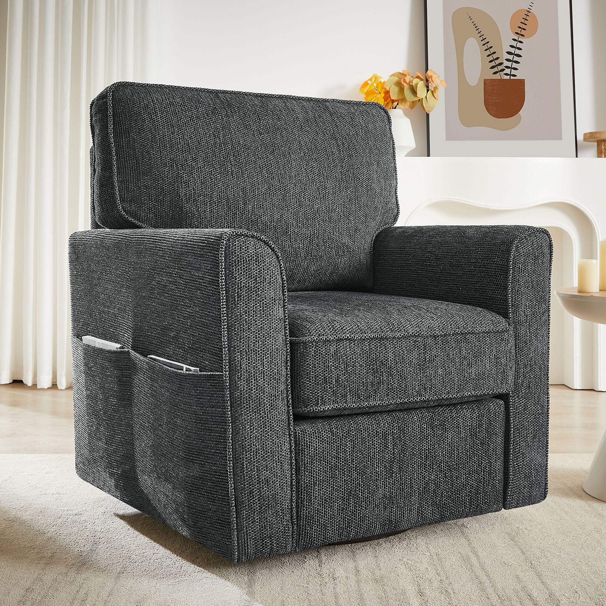 LOVMOR SF-L-N719P283037E 360° Swivel Chair Accent Barrel Armchair Swivel Sofa Chair with Side Pockets for Living Room