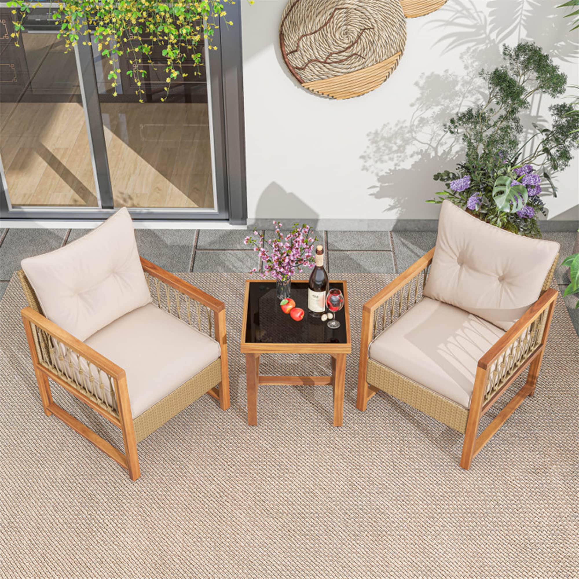 BABOOM BOM-70818BN-CO 3 -Piece Rattan Patio Conversation Set with Off-white Cushions