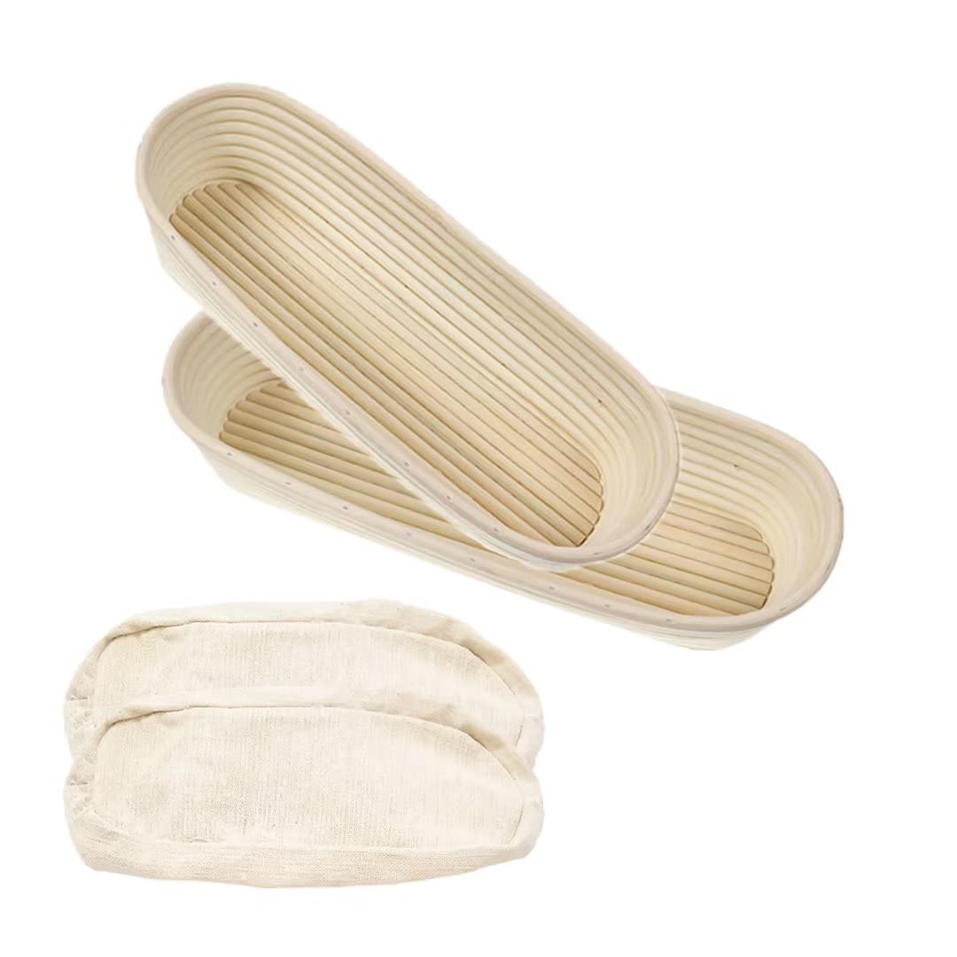 Aoibox  2 Piece Oval Bread Proofing Basket Set with Linen Liners 13 Inch Rattan Banneton for Professional and Home Bakers