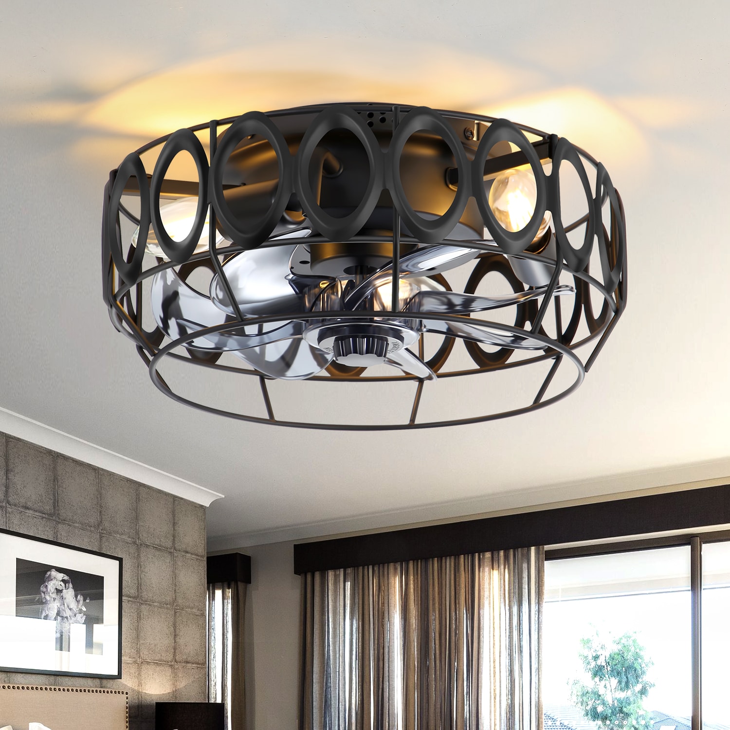 Breezary 35025-BK Space-saving 13-in Flush Mount Matte Black with Blue-gray Blades Cage Ceiling Fan With Light - Remote Included ( 7 -Blade )