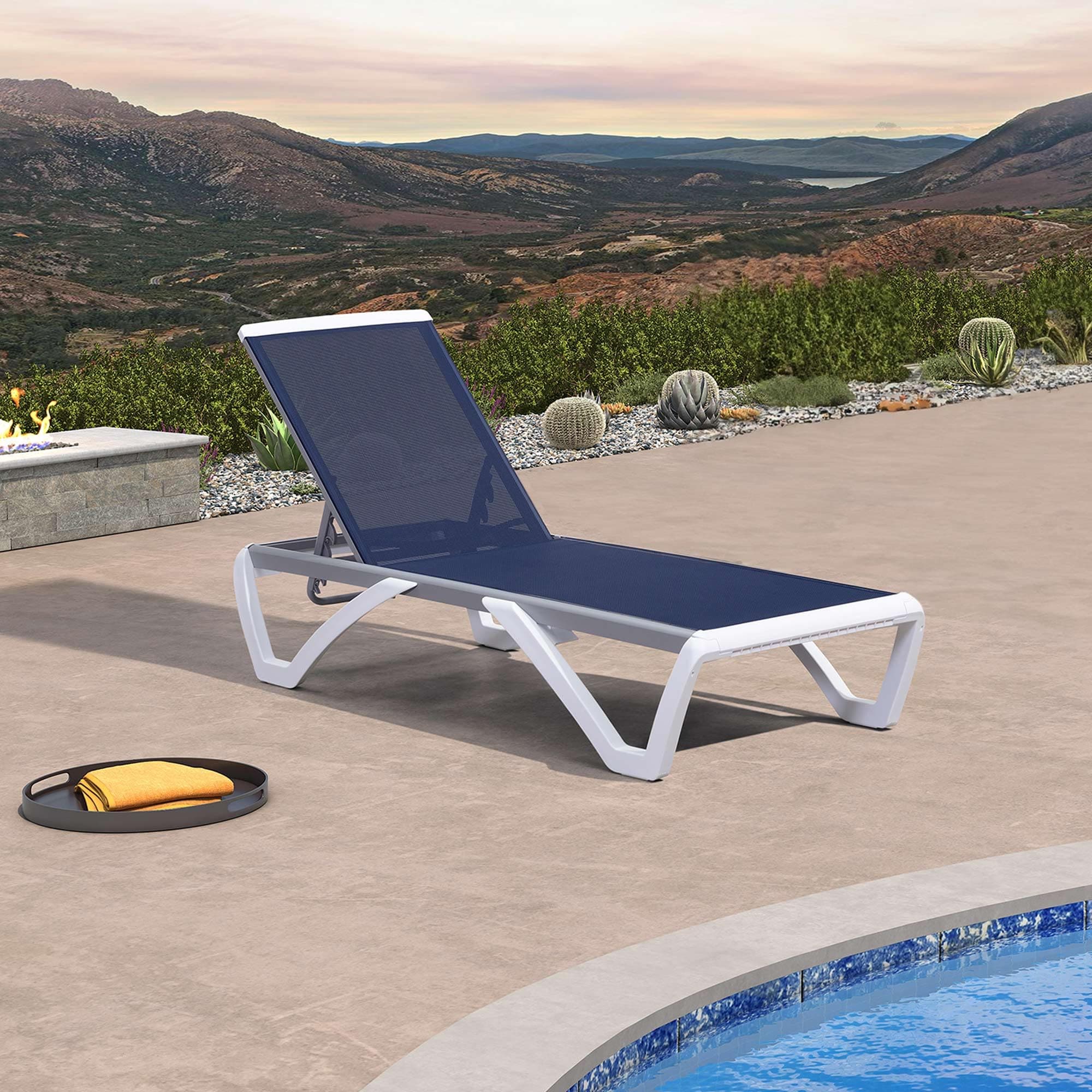 PURPLE LEAF LS04-ZW-ZB-BW Outdoor Plastic Textilene Chaise Lounge 1 chair Aluminum Frame Spring motion Chaise Lounge Chair with Blue Mesh Seat