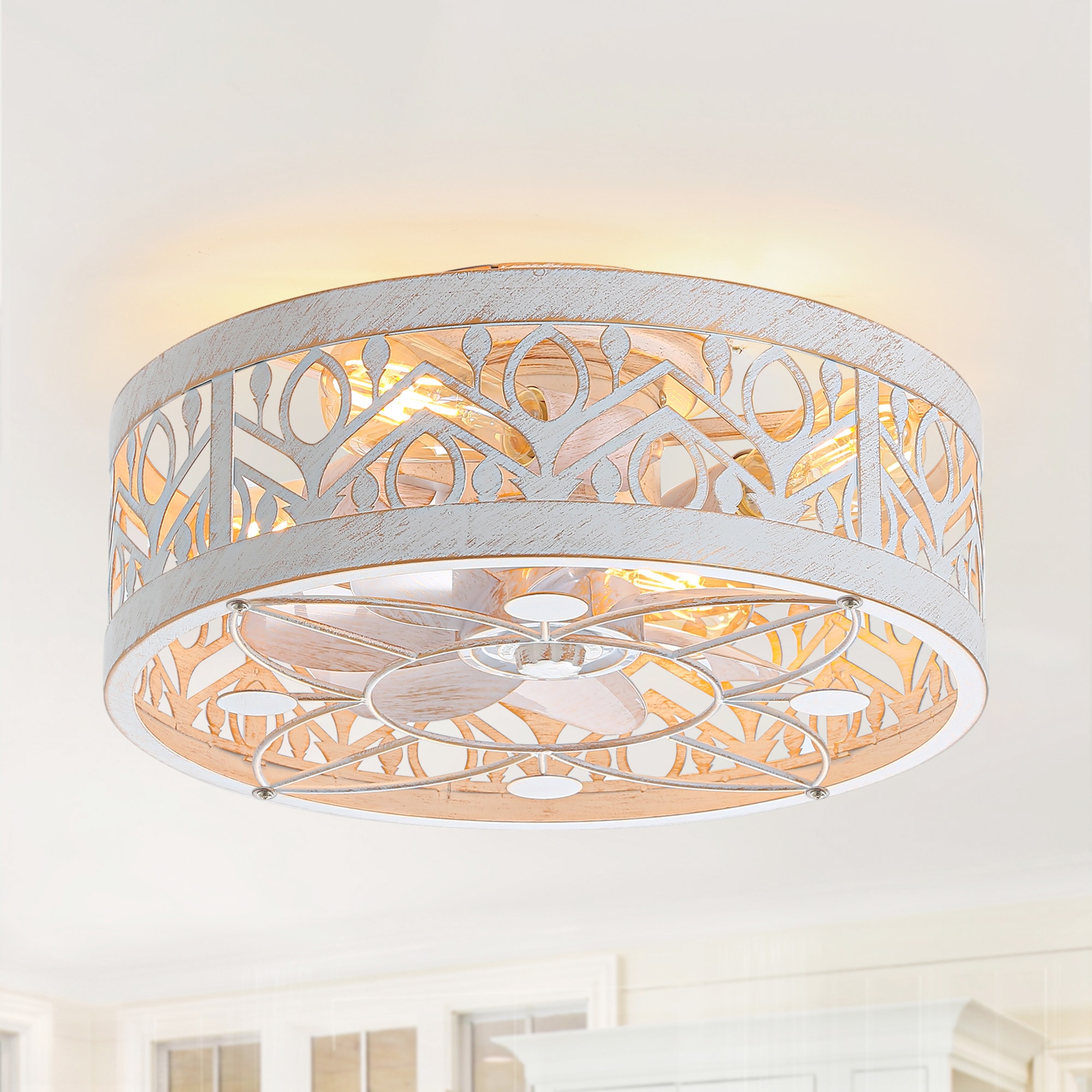 Breezary 35016-WG Removable Base 17-in Flush Mount Antique White and Gold with White Blades Fandelier Ceiling Fan With Light 7 -Blade )