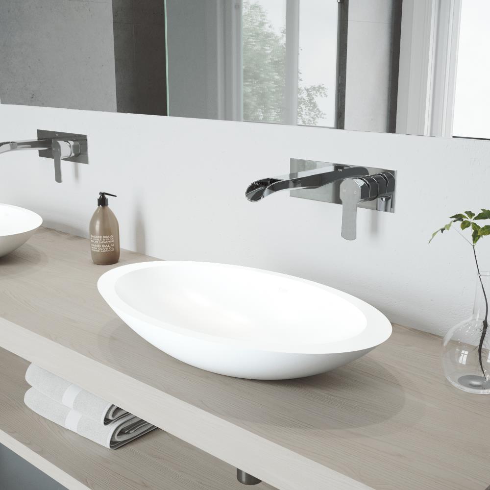 VIGO VGT960 Vessel Sinks Matte White Matte Stone Vessel Oval Modern Bathroom Sink with Faucet Drain Included (23.125-in x 13.5-in)