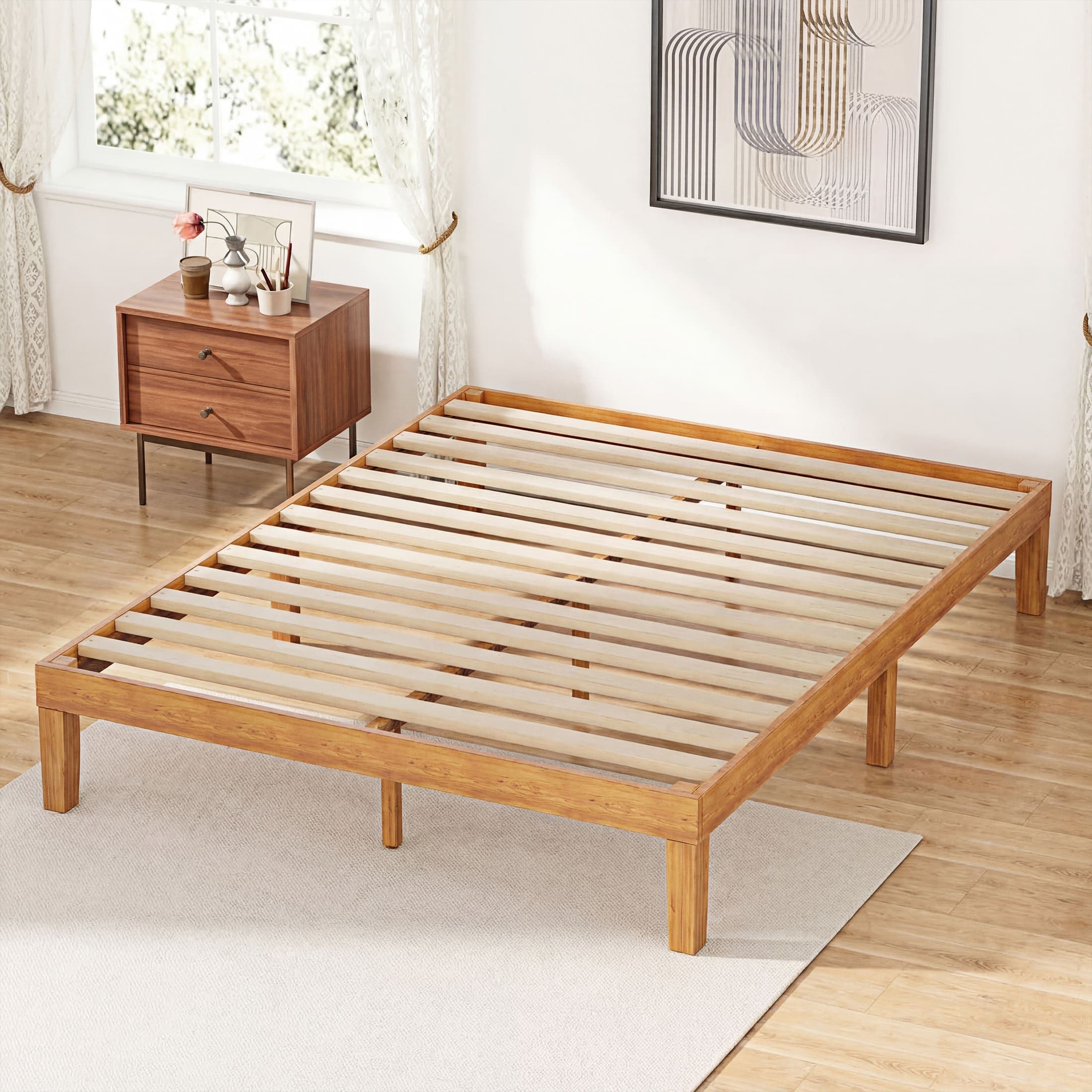 Sweetcrispy King Solid Pine Wood Platform Bed Frame with Support Slats