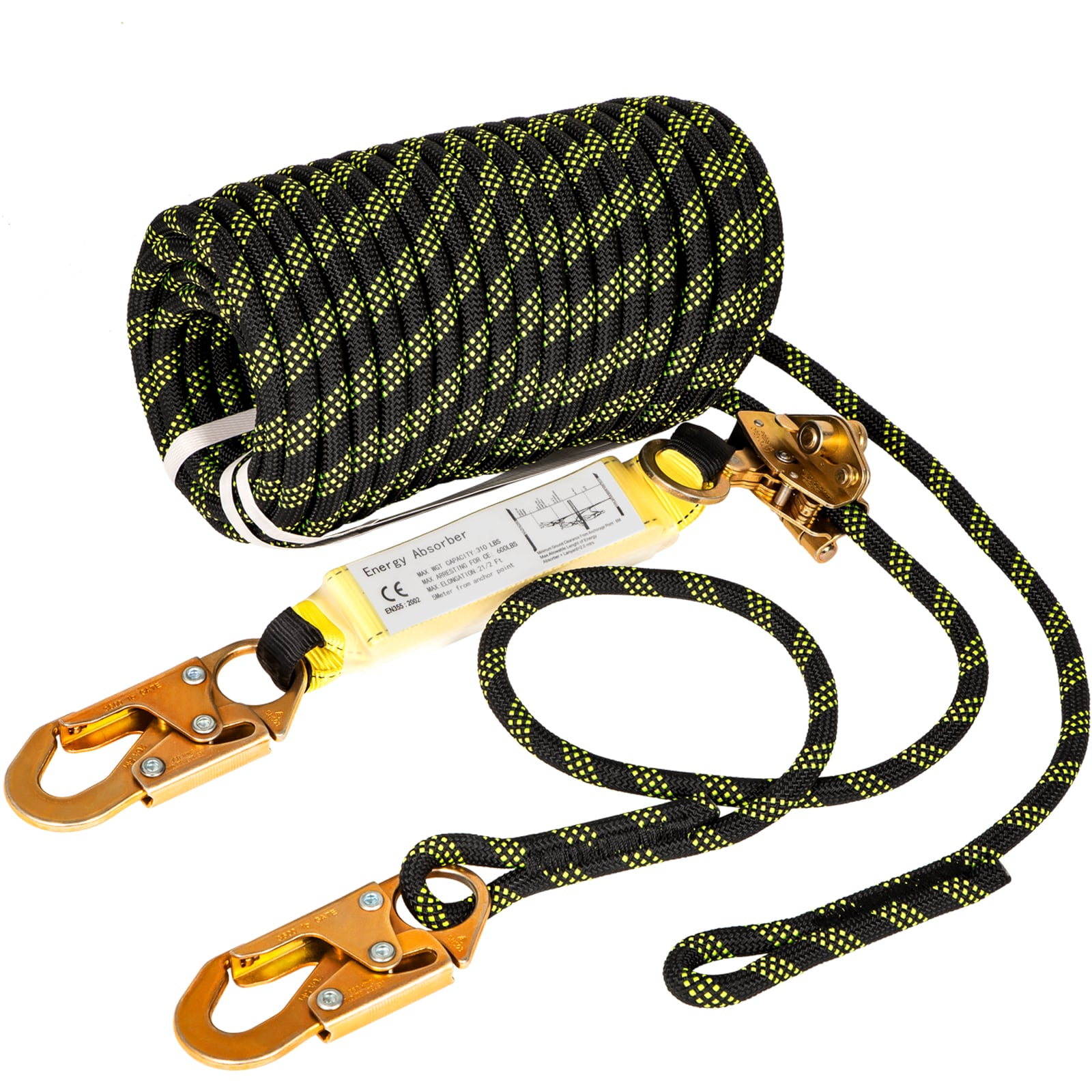 VEVOR AQSYCJHBDDW509HVFV0 Vertical Lifeline Assembly, 50 Ft Fall Protection Rope, Polyester Roofing Rope, Ce Compliant Fall Arrest Protection Equipment with Alloy Steel Rope Grab, Two Snap Hooks, Shock Absorber