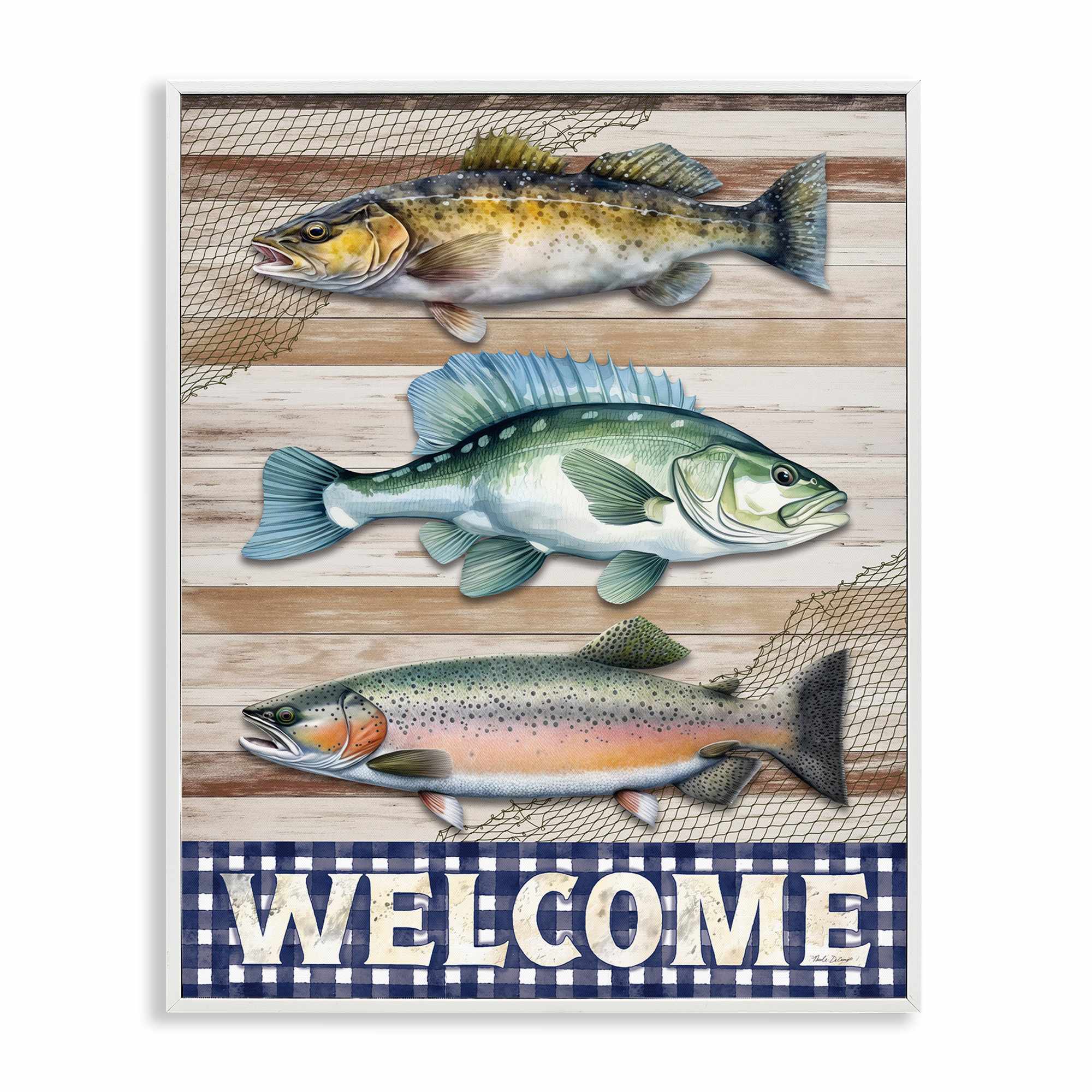 Stupell Industries BT-574-WFR-24X30 Welcome with Rustic Fish White Framed Giclee Art By Nicole DeCamp 24 x 30