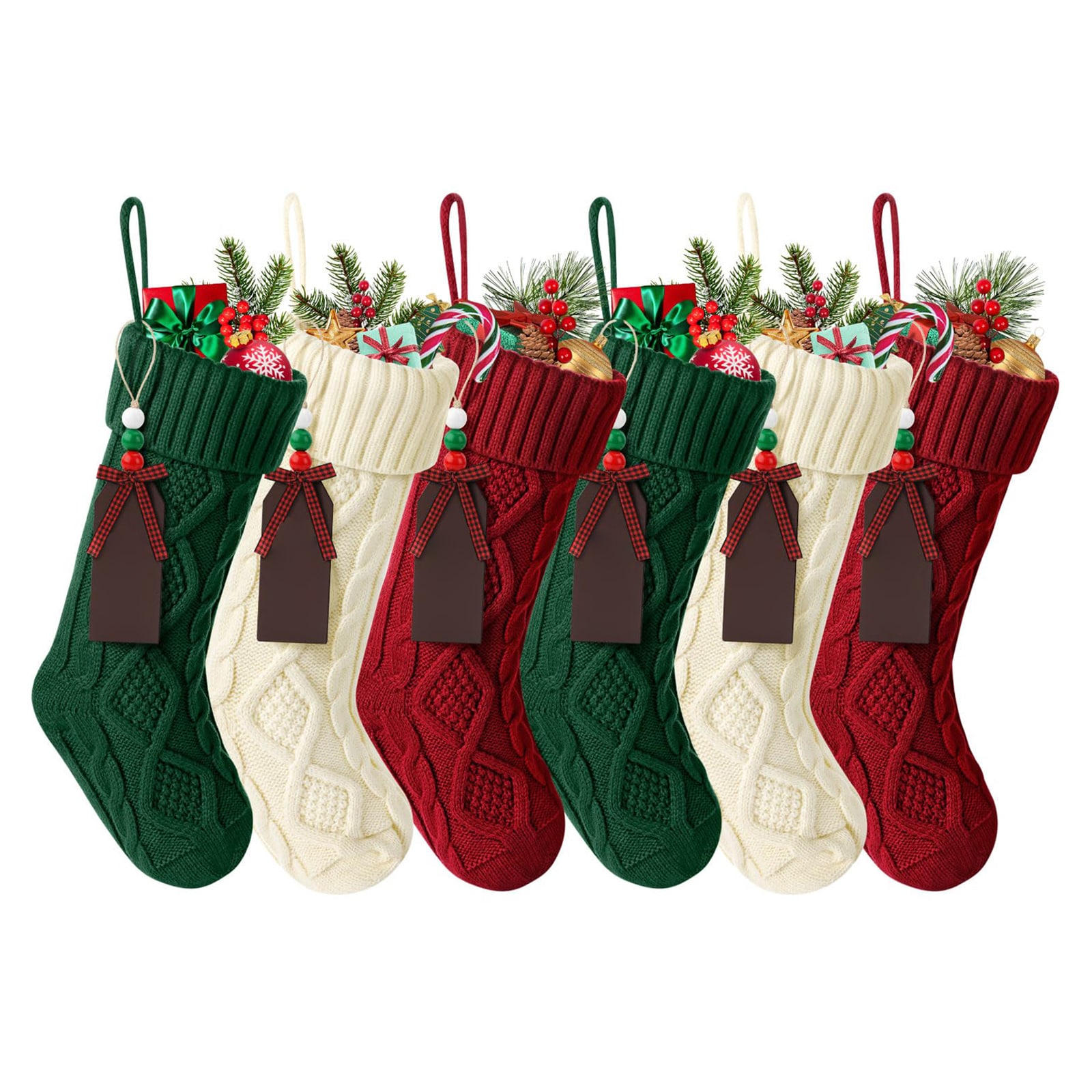 Etokfoks  18 in Large Cable Knitted Christmas Stockings 6pcs White Red and Green Personalized Gifts