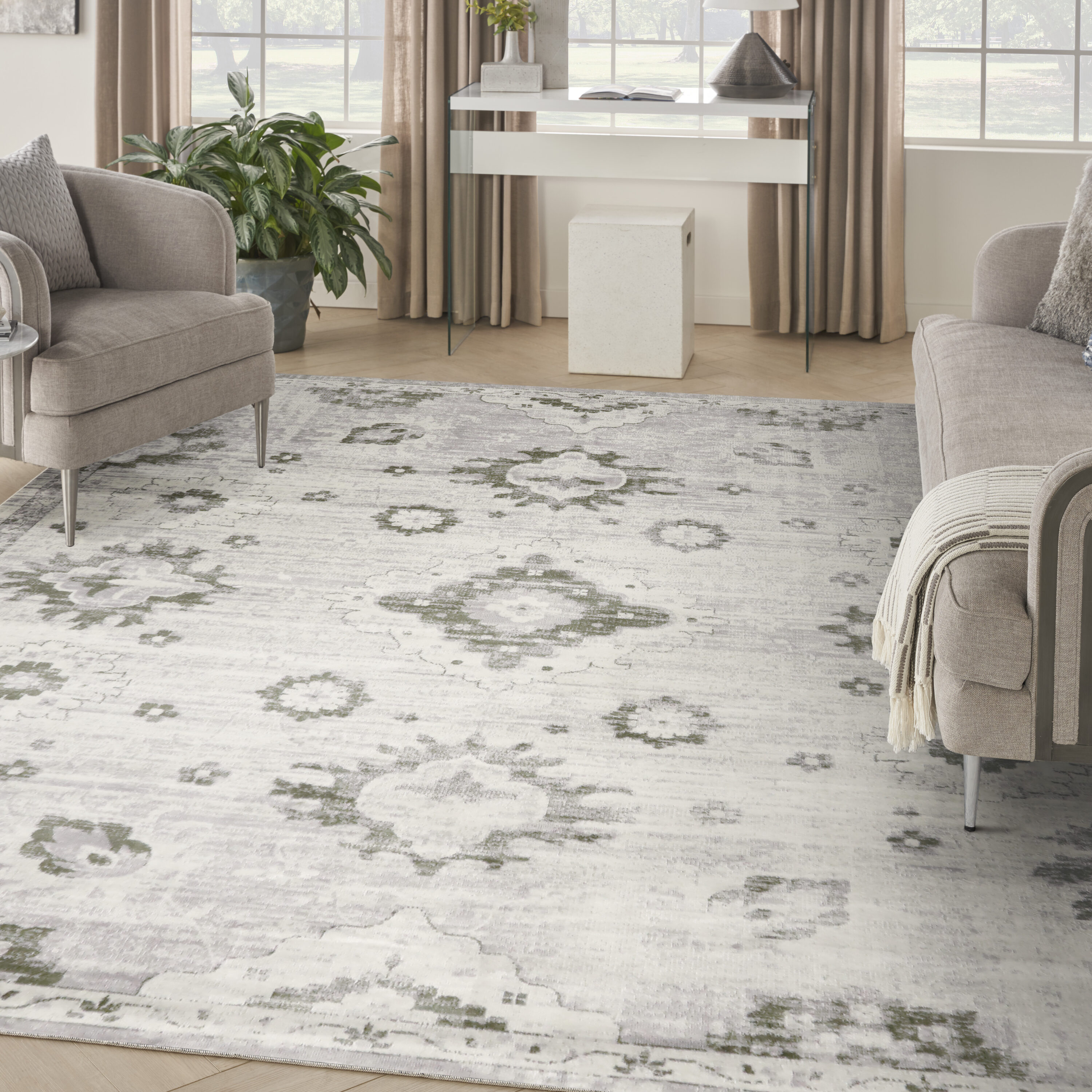 Nourison Home 841491134047 9 x 12 (ft) Loomed Ivory Rectangular Indoor Distressed/Overdyed Pet Friendly Area rug