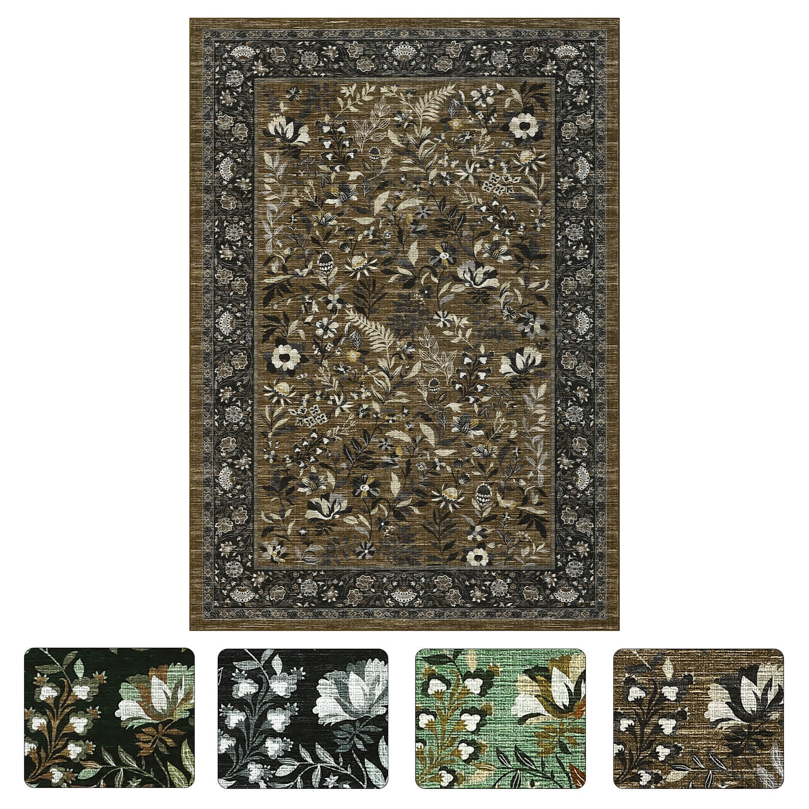 Qeetex LSN-PHK-34RLCBPB 6 x 9 ft Polyester Brown Rectangular Hallway Bathroom Entryway Kitchen Office Foldable Flower Printed Modern Washable Area Rug