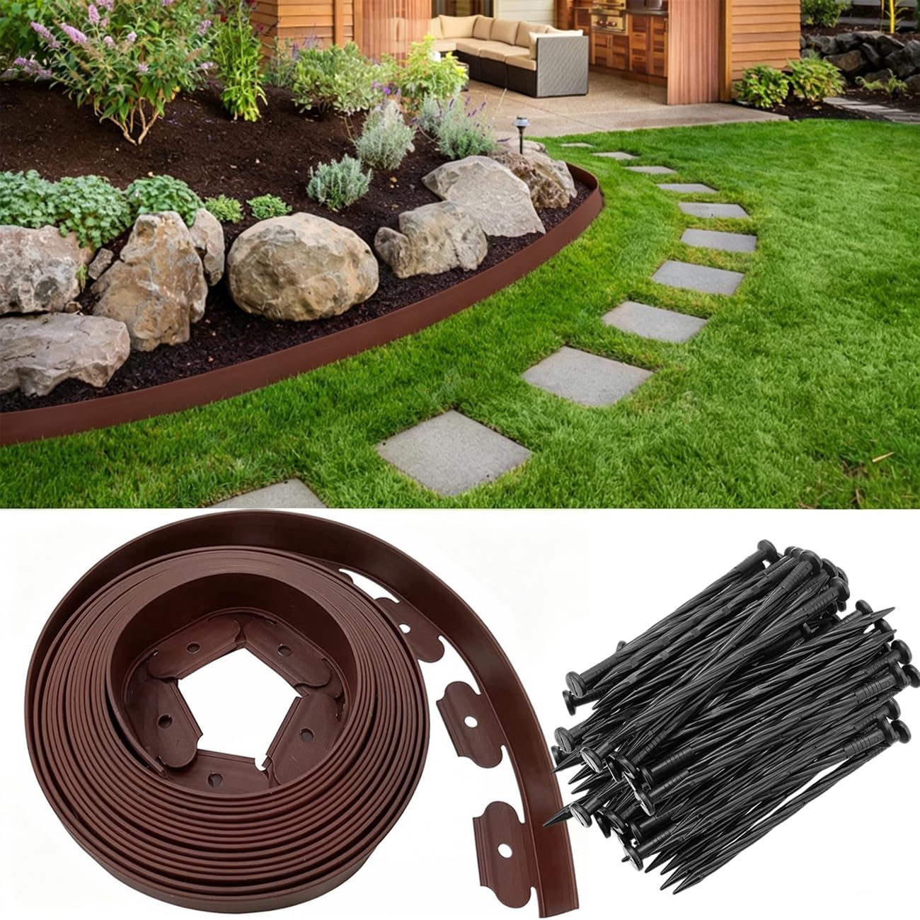 AOIZGMY  Landscape Edging Kit 33FT Brown Flexible Plastic Garden Border 2 Inch Tall with 30 pcs Anchoring Spikes for Lawn Flower Bed