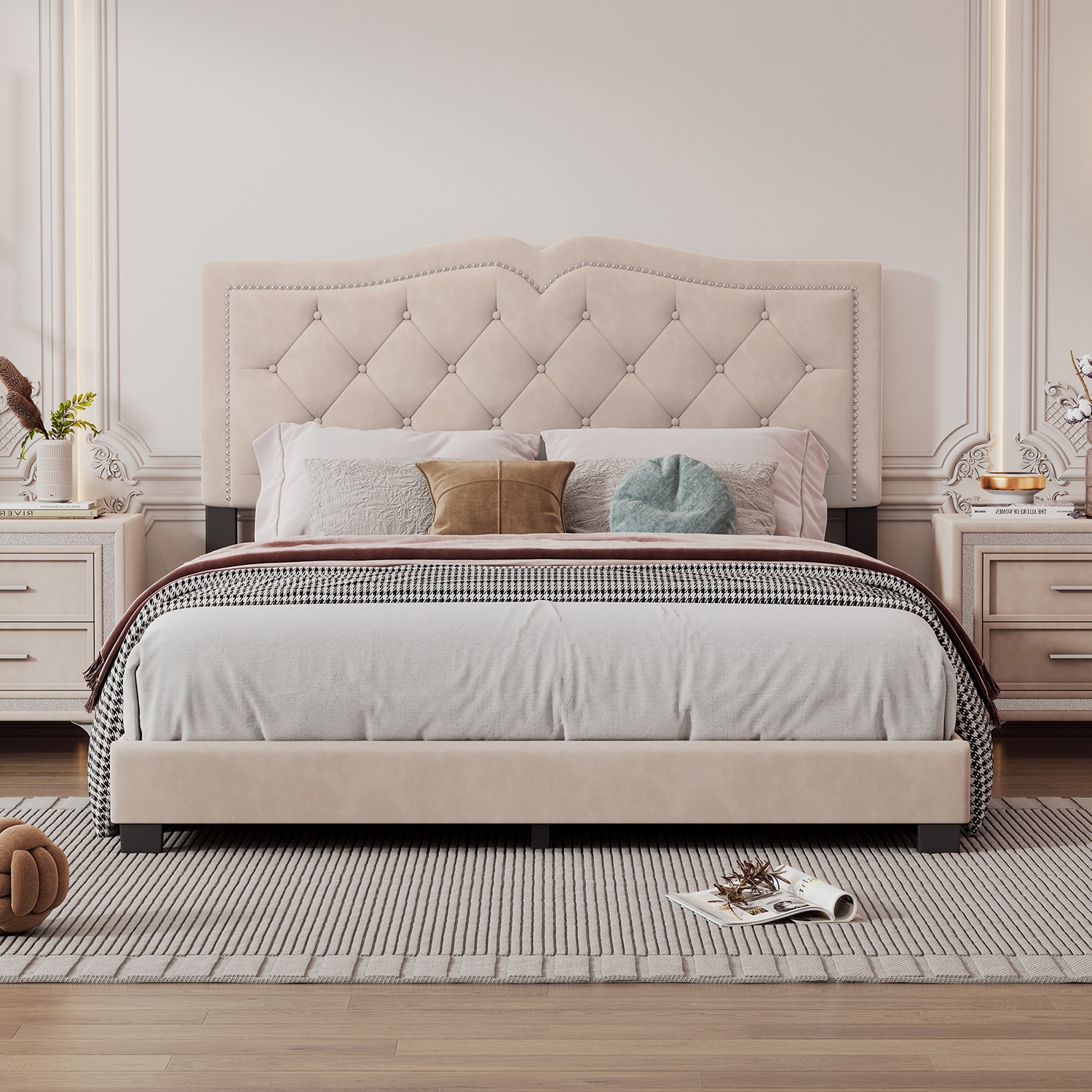 GZMR GZ-BB00AAE Queen Beige Metal Bed Frame with Headboard