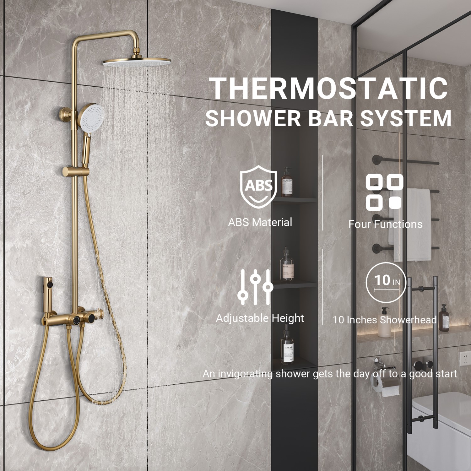 Mondawe AM-S008AC-10BG Brushed Gold 10-in Shower Faucet Bar System with 4-way Diverter ( Thermostatic Valve Included )