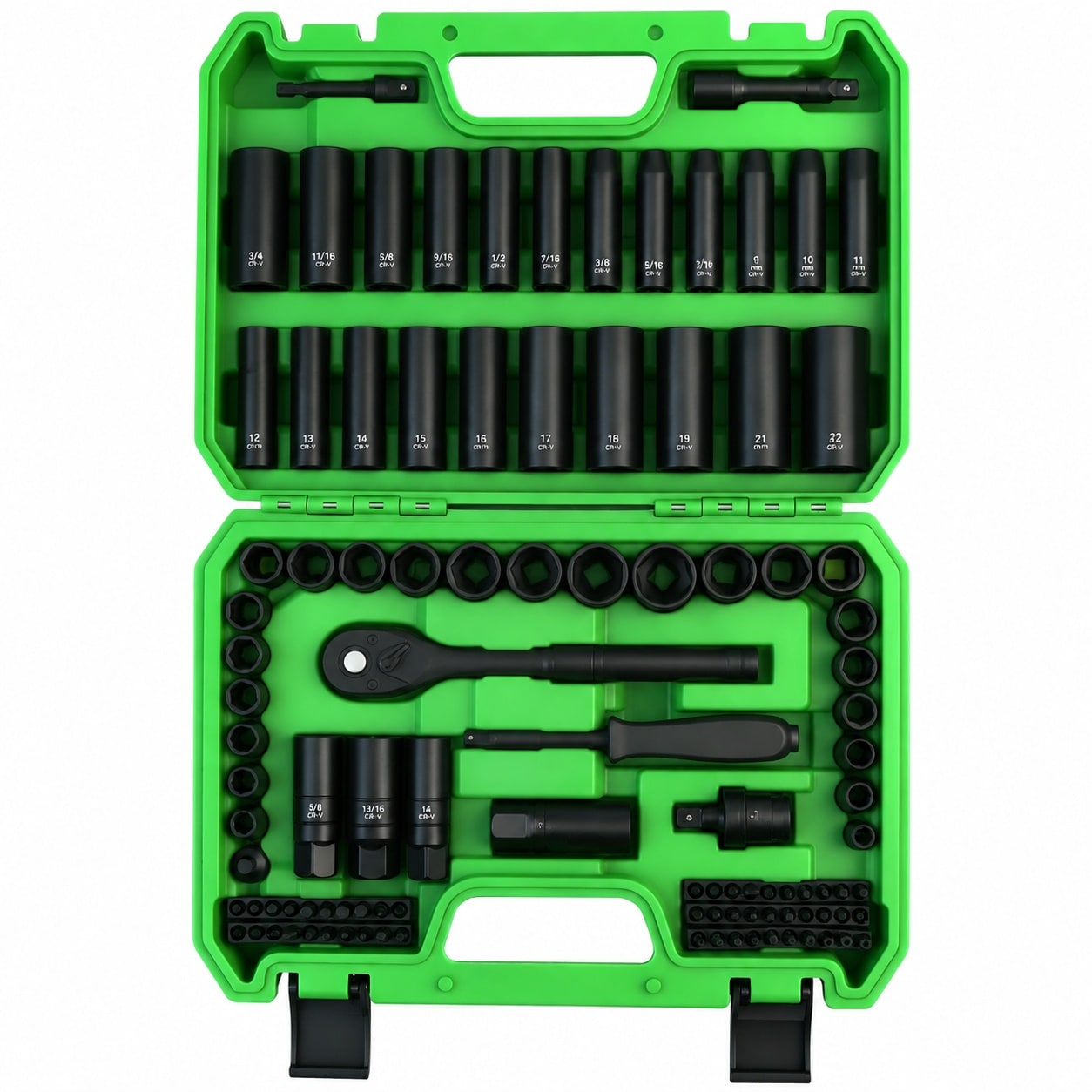 Oyezvary  105 Piece 3 8 Drive Impact Socket Set SAE 5 16 to 3 4 Inch and Metric 8 to 22mm 6 Point CRV Steel Ratchet Extension Bars Screwdriver