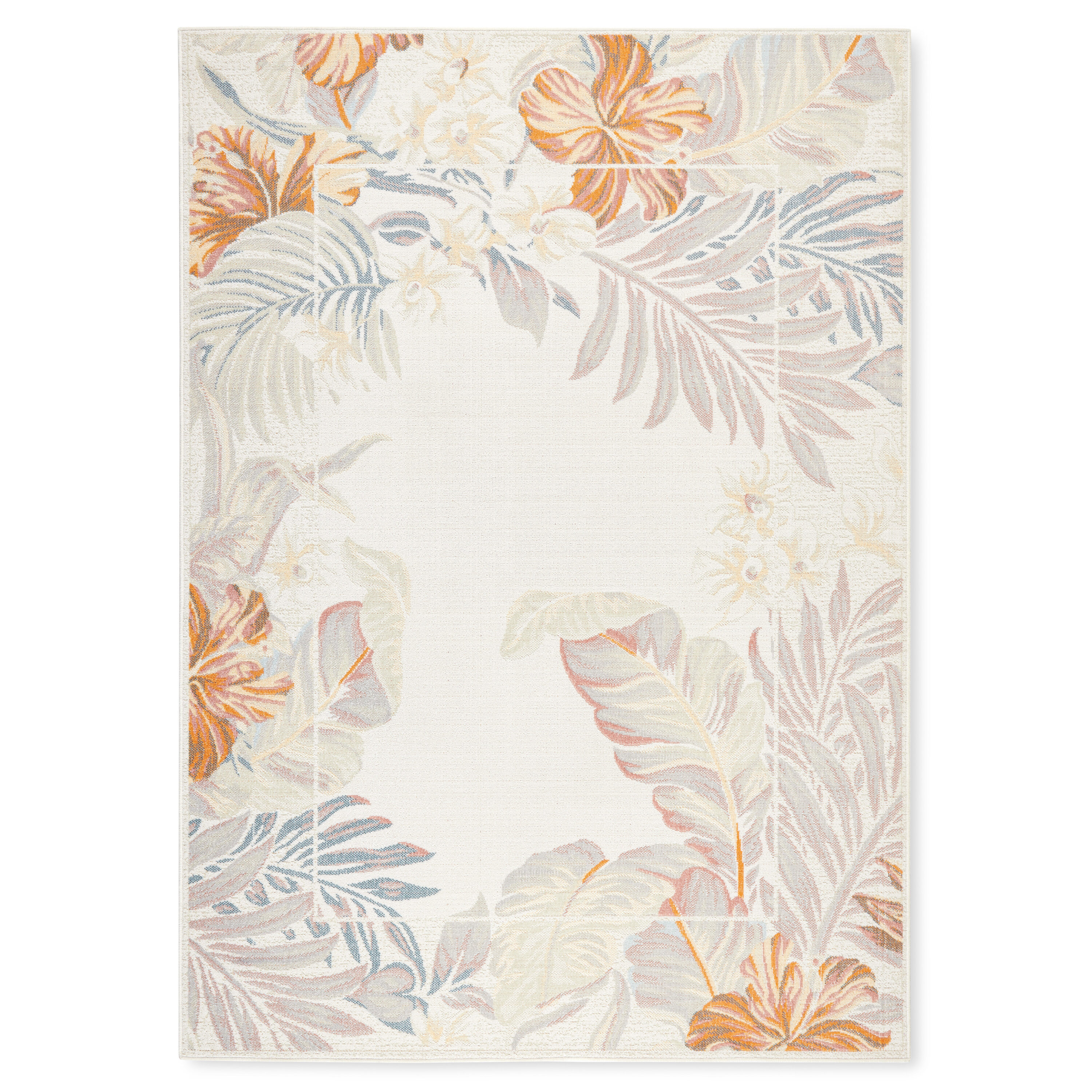 Ivory and Coral Tropical Floral Rectangular Synthetic Rug