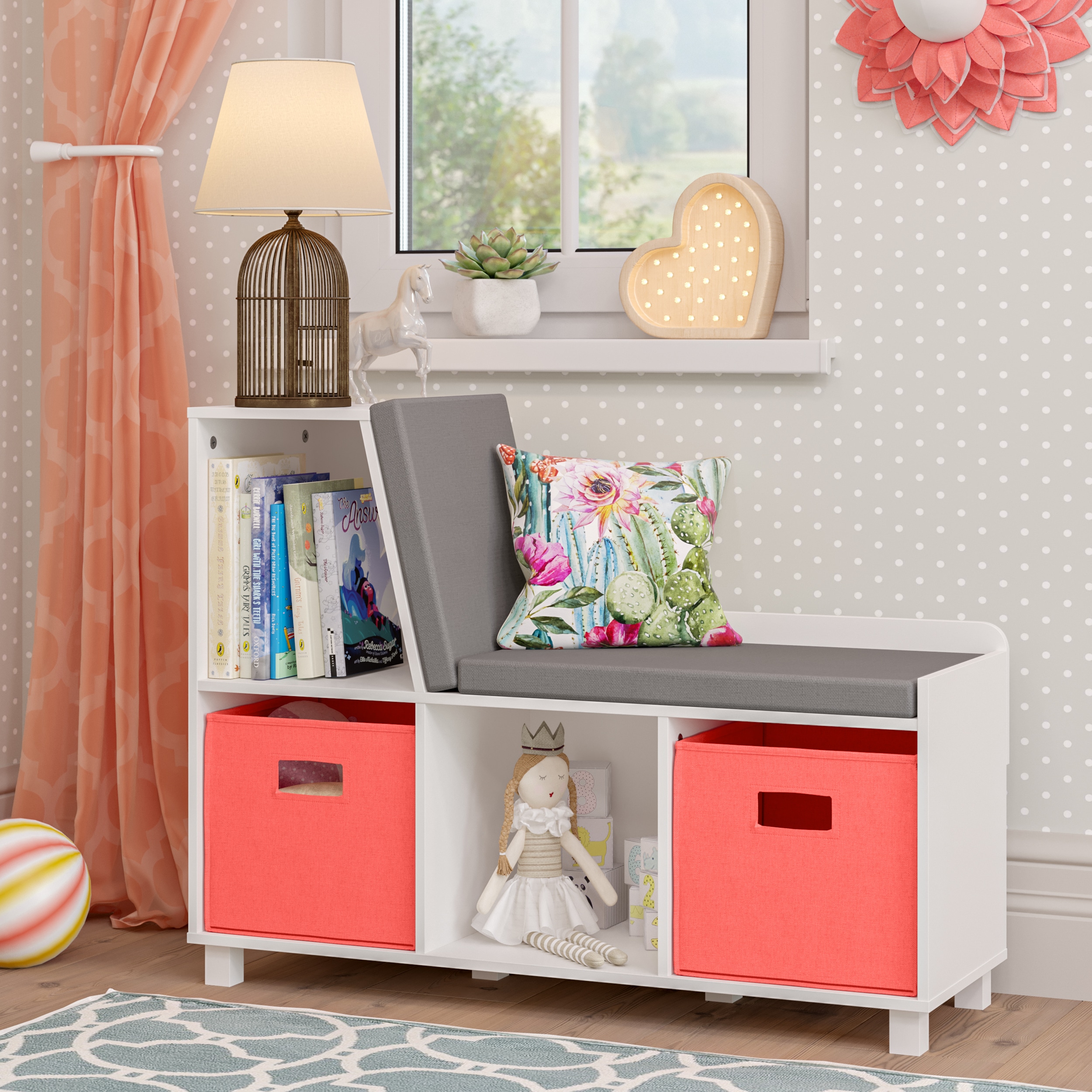 White MDF Kids Storage Bench with Gray Cushion and Cubbies