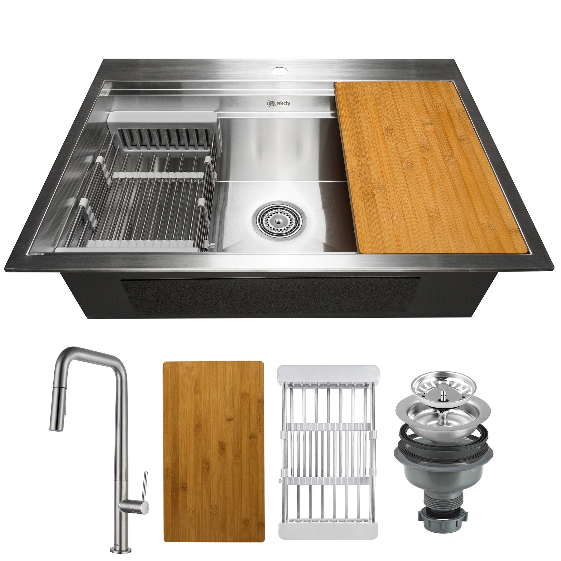 AKDY KS0236-22-2 Drop-In 33-in x 22-in Brushed Stainless Steel Single Bowl 1-Hole Workstation Kitchen Sink All-in-one Kit