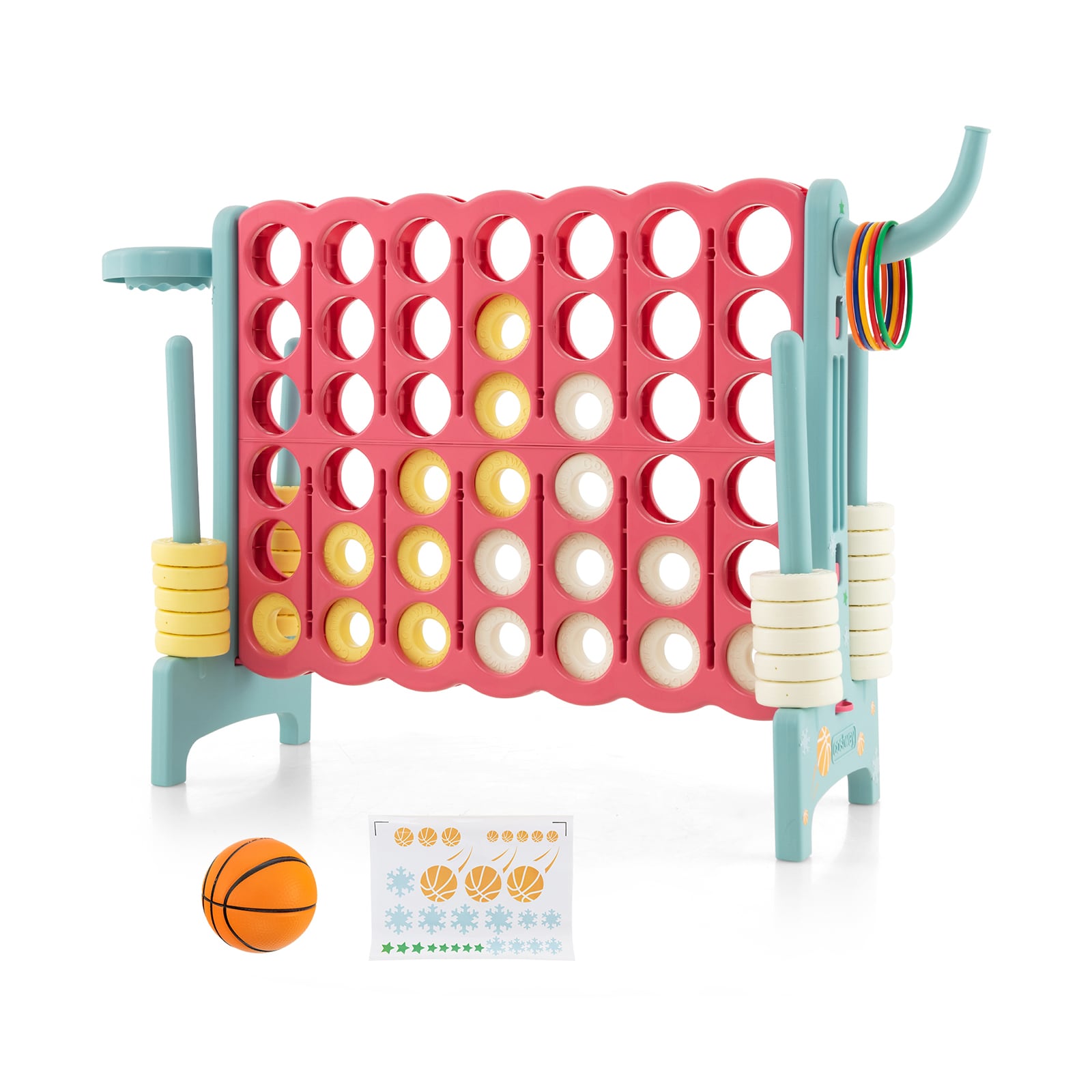 Slickblue D-CO-YN11183PS 3-in-1- Jumbo Floor Game with Basketball Hoop and Toss Ring for Backyard Living Room- Blue/Pink