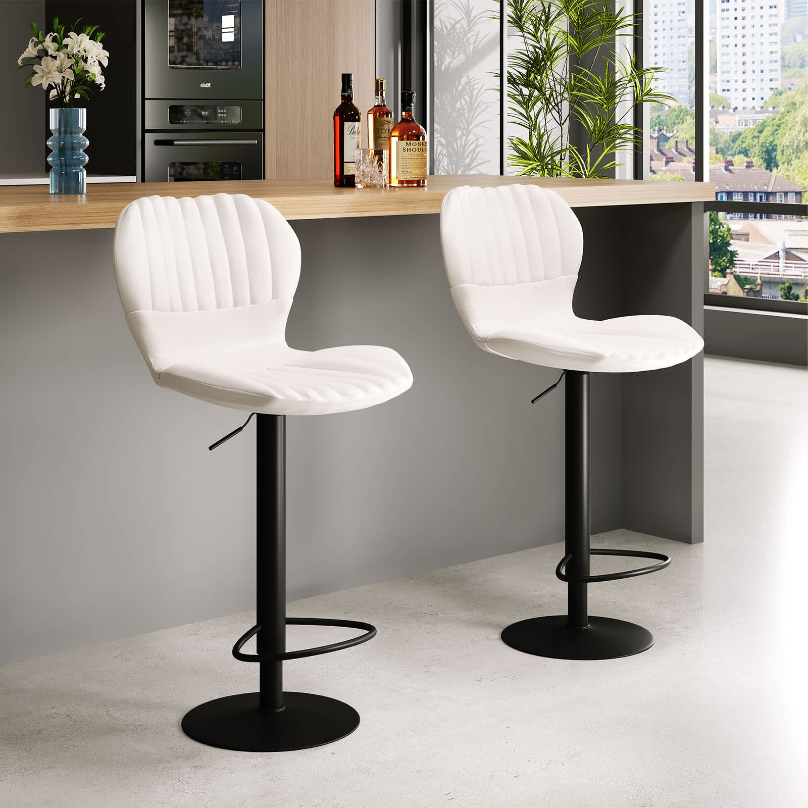 WhizMax GGL-PHO-15PDWFYI Bar Stools Set of 4 Modern Swivel Bar Chairs Adjustable Counter Height Bar Stools with High Backrest Easy Assembly for Kitchen Island Dining Room Home Bar White