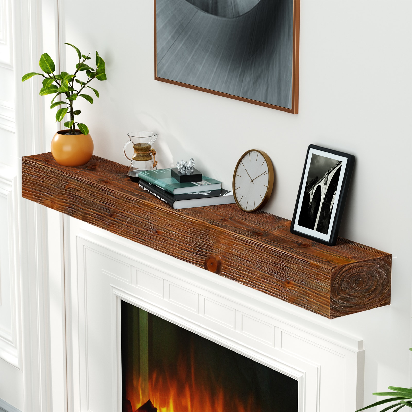 LOVMOR Fireplace Mantel 72inches Floating Fireplace Shelves Wall Mounted Wooden Display Shelving Handcrafted Wood Brack Natural Mantels Over Fireplace  72inches x 8inches x 6inches  Brown