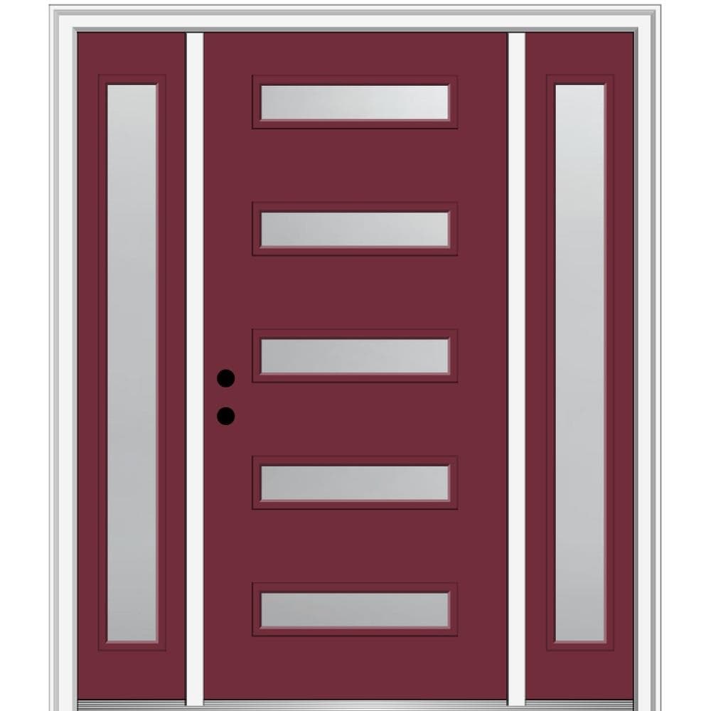 MMI DOOR ZZ346483R Spotlights 64-in x 80-in x 4-9/16-in Fiberglass Pulse lite Right-hand inswing Burgundy Painted Prehung Front Door with Sidelights with Brickmould Insulating core