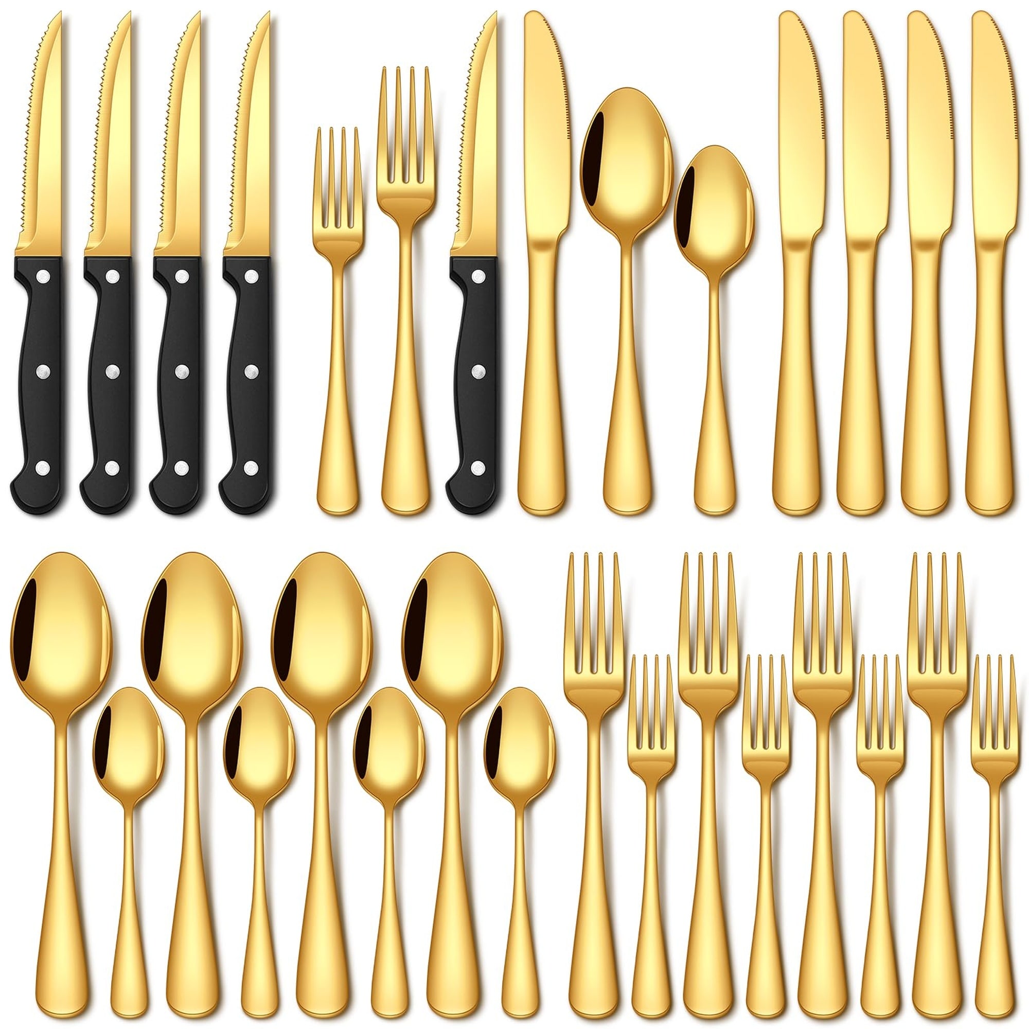 Angel Sar 24 Pcs Gold Silverware Set with Steak Knives Food Grade Stainless Steel Flatware for 4 Knife Spoon Fork Mirror Polished Dishwasher Safe for Home Restaurant