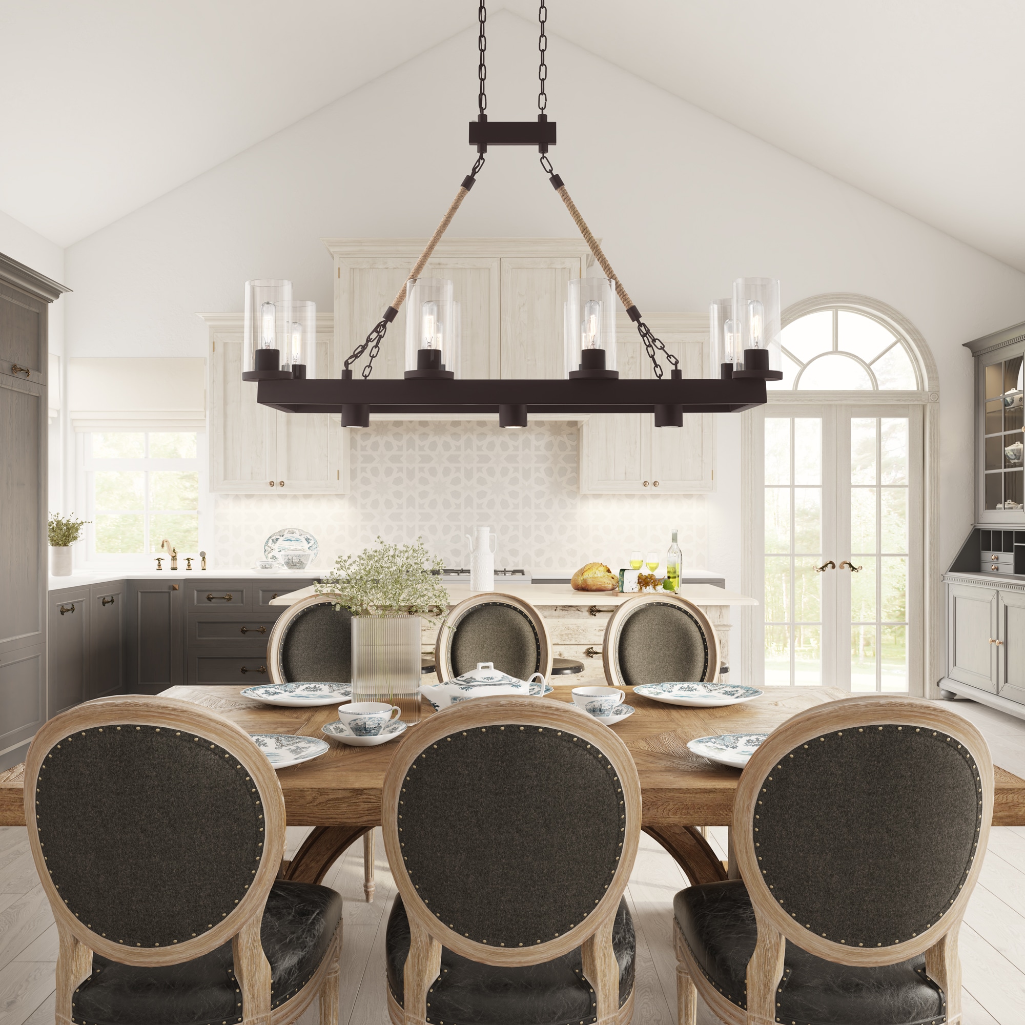 Metuchen Bronze Linear Chandelier with Clear Glass and Rope Detail, 11-Light