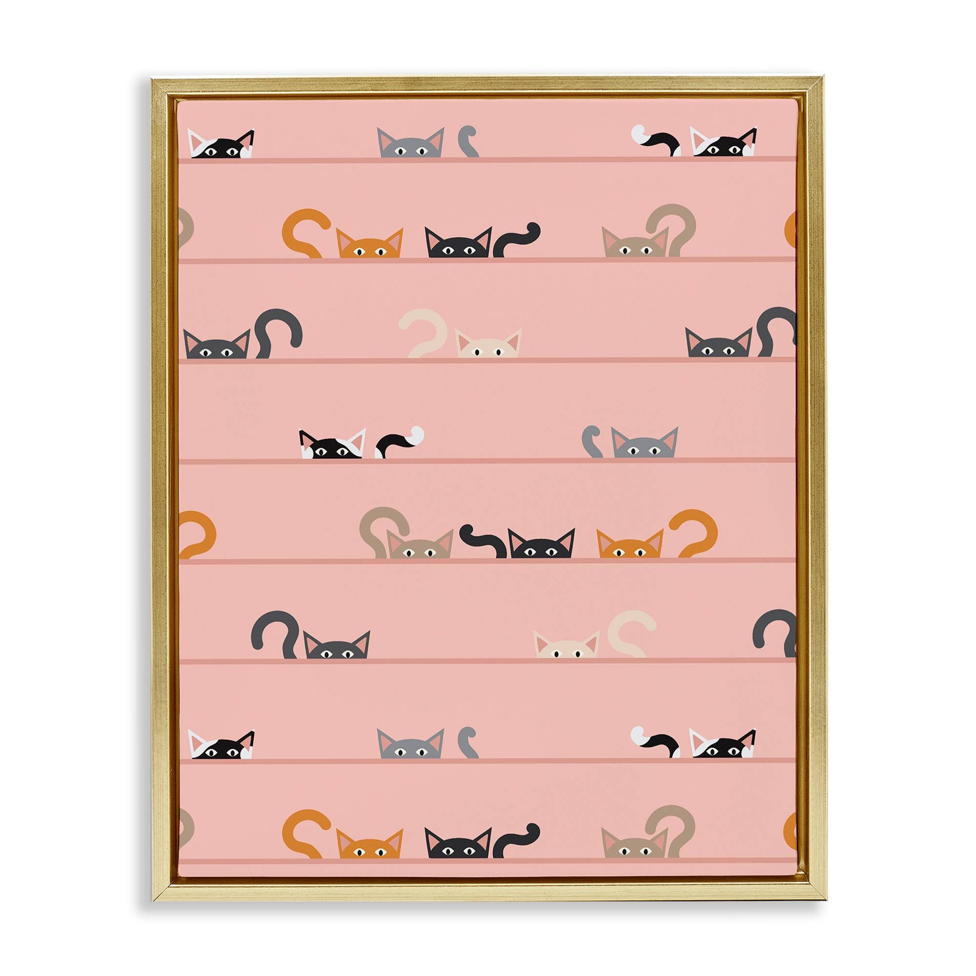 Stupell Industries BT-511-FFG-16X20 Peeking Cats on Pink Gold Framed Floater Canvas Wall Art By Sazerelli Designs 17 x 21