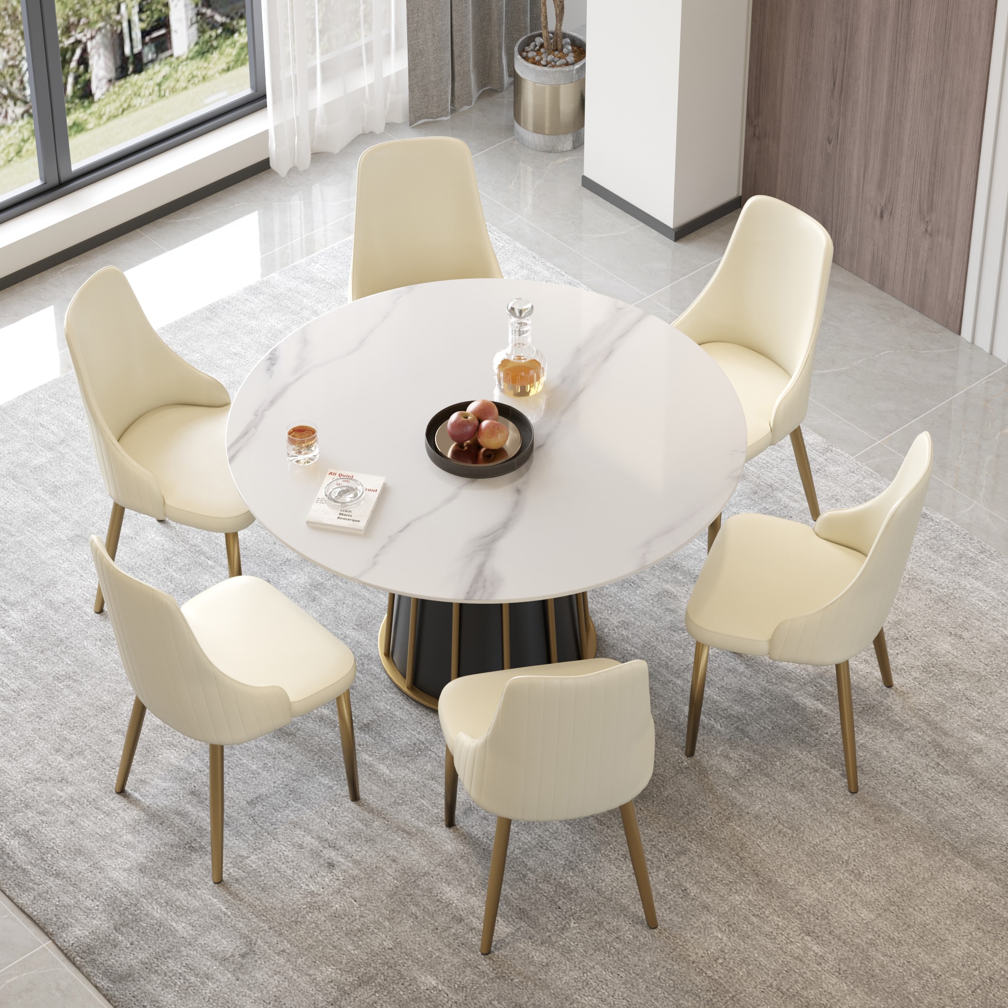 BuotiqHom DH-AT-135W-4B 53 in. White Round Contemporary/Modern Dining Table, Ceramic with Primed Metal Pedestal Base 53-in L x 29.5-in H
