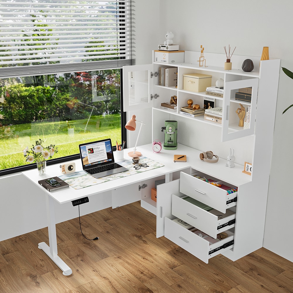 Homsee C-KF210275-01-AB L Shaped 68.5 in Wide White Adjustable Height Desk with Bookcase Adjustable Shelves and Storage Cabinet for Home