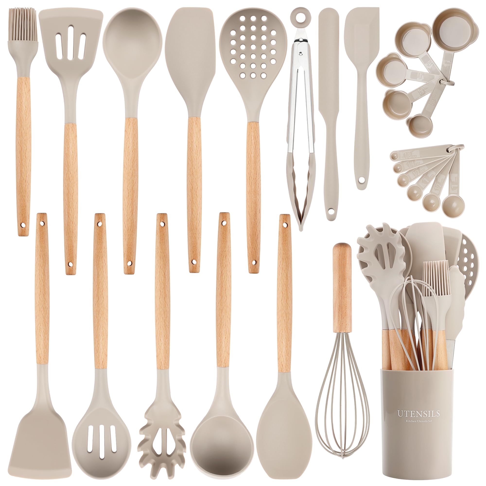 Vrbgify  Silicone Cooking Utensils Set with Wooden Handles Heat Resistant Kitchen Tools with Holder Khaki durable home and garden accessory