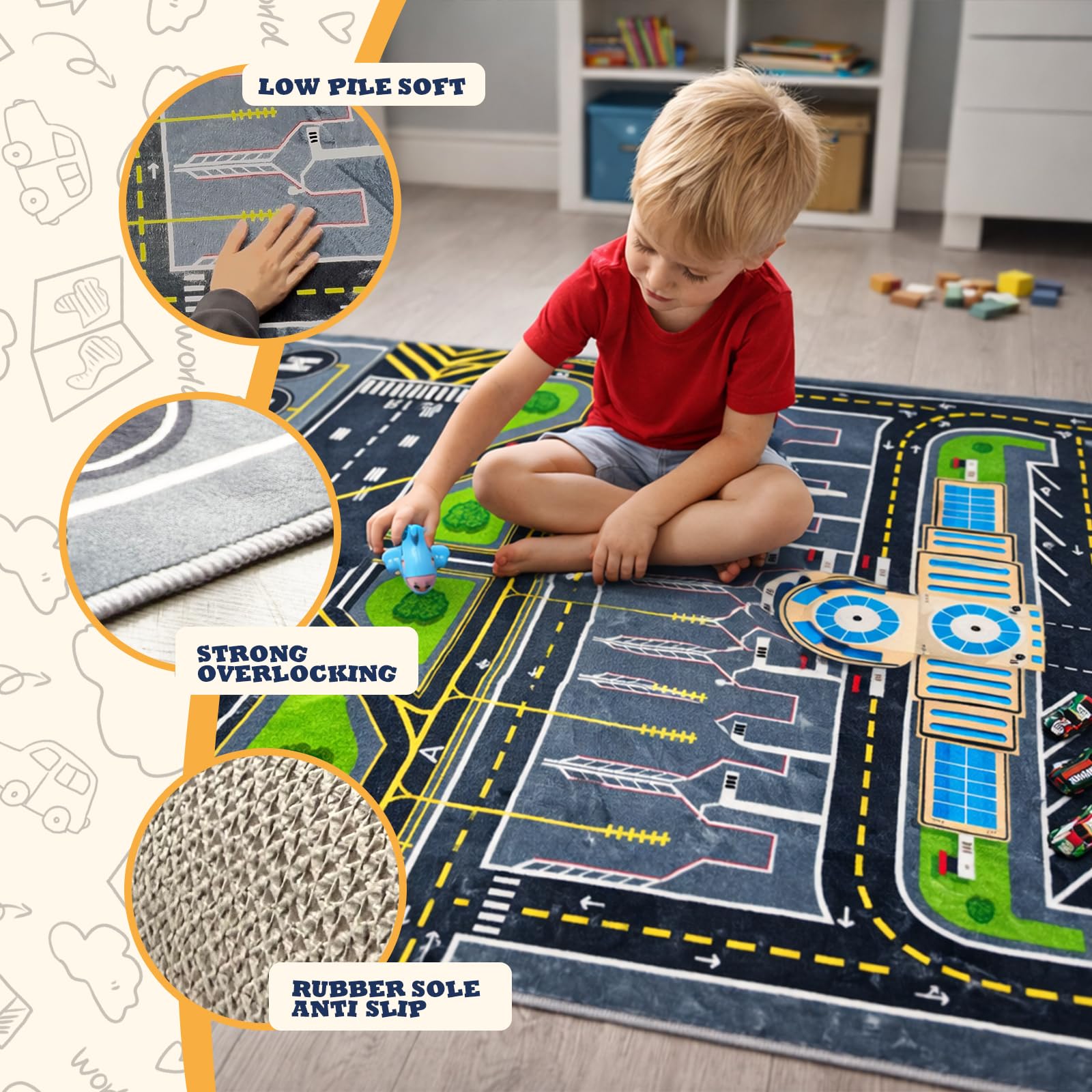 SenQWFa Kids Play Rug 31 by 47 Airport Playmat with City Road Traffic ...