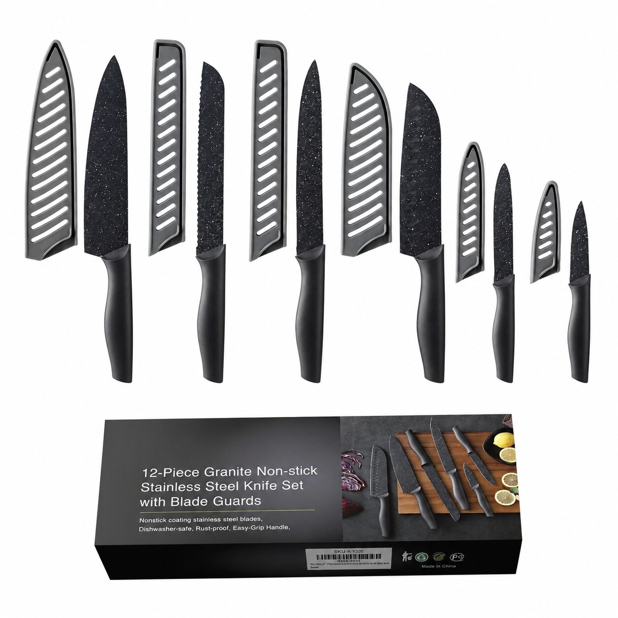 LILILIAN FMY  Kitchen Knife Set 12 Piece Stainless Steel Knives with Blade Guards Black Finish durable home and garden accessory designed for