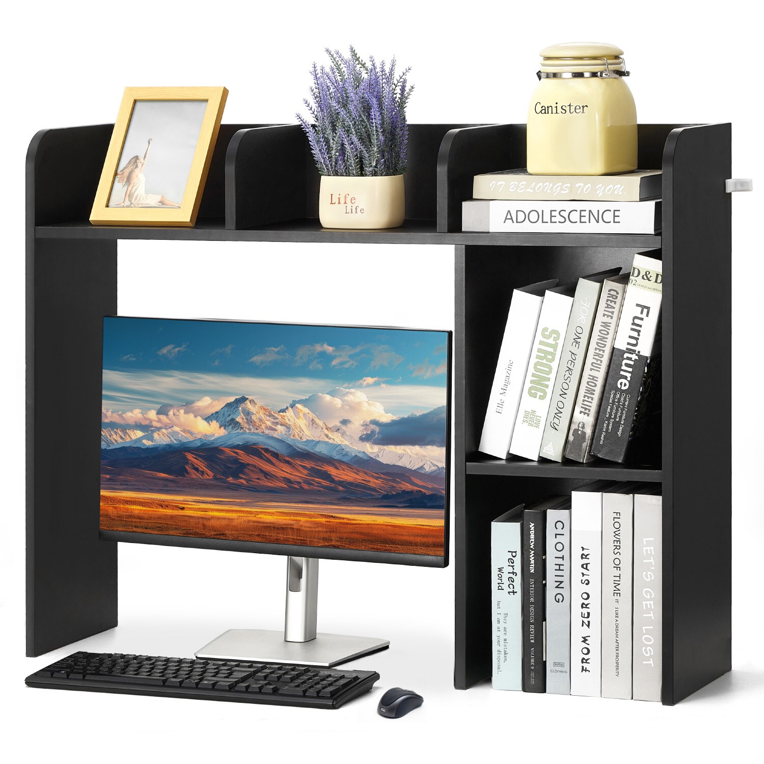 VEVOR Desktop Bookshelf 2-Tier Desktop Storage Organizer 37.2in x 9.5in x 28.9in Office Storage Rack Wood Display Shelf Desktop Bookshelf Hutch with Anti-Slip Feet Pads for Office Home and Dorm Black