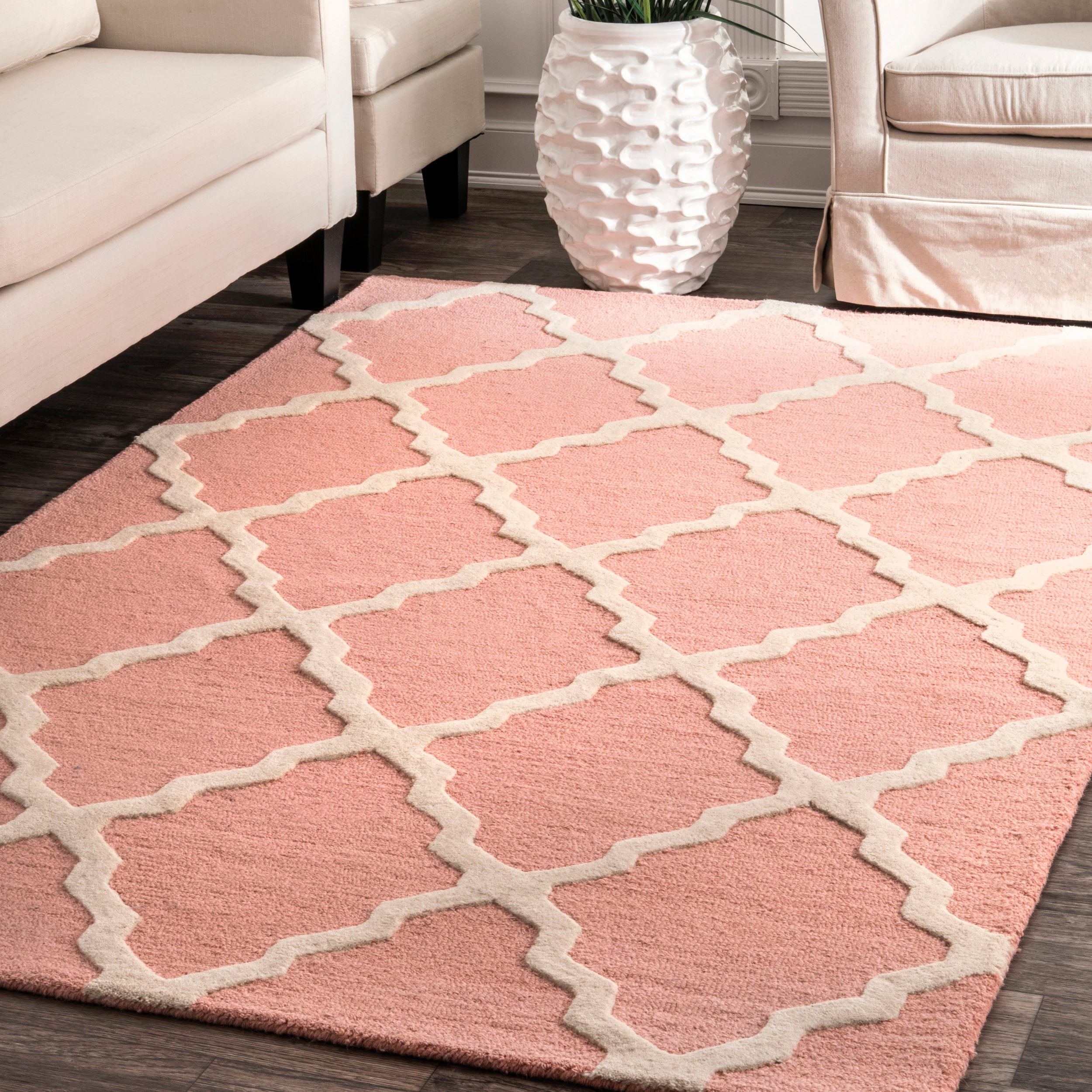 Handmade Tufted Trellis Baby Pink Wool Runner Rug