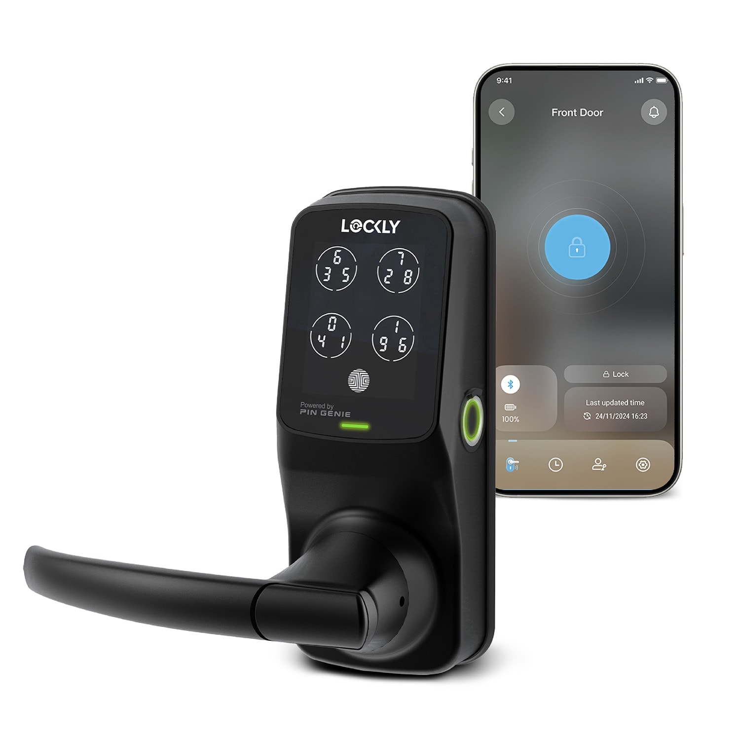Lockly PGD 628F MB Secure Plus Latch Bluetooth Smart Locks Matte Black Smart Lock Electronic Handle with Wifi Bluetooth and Fingerprint Touchscreen Keypad