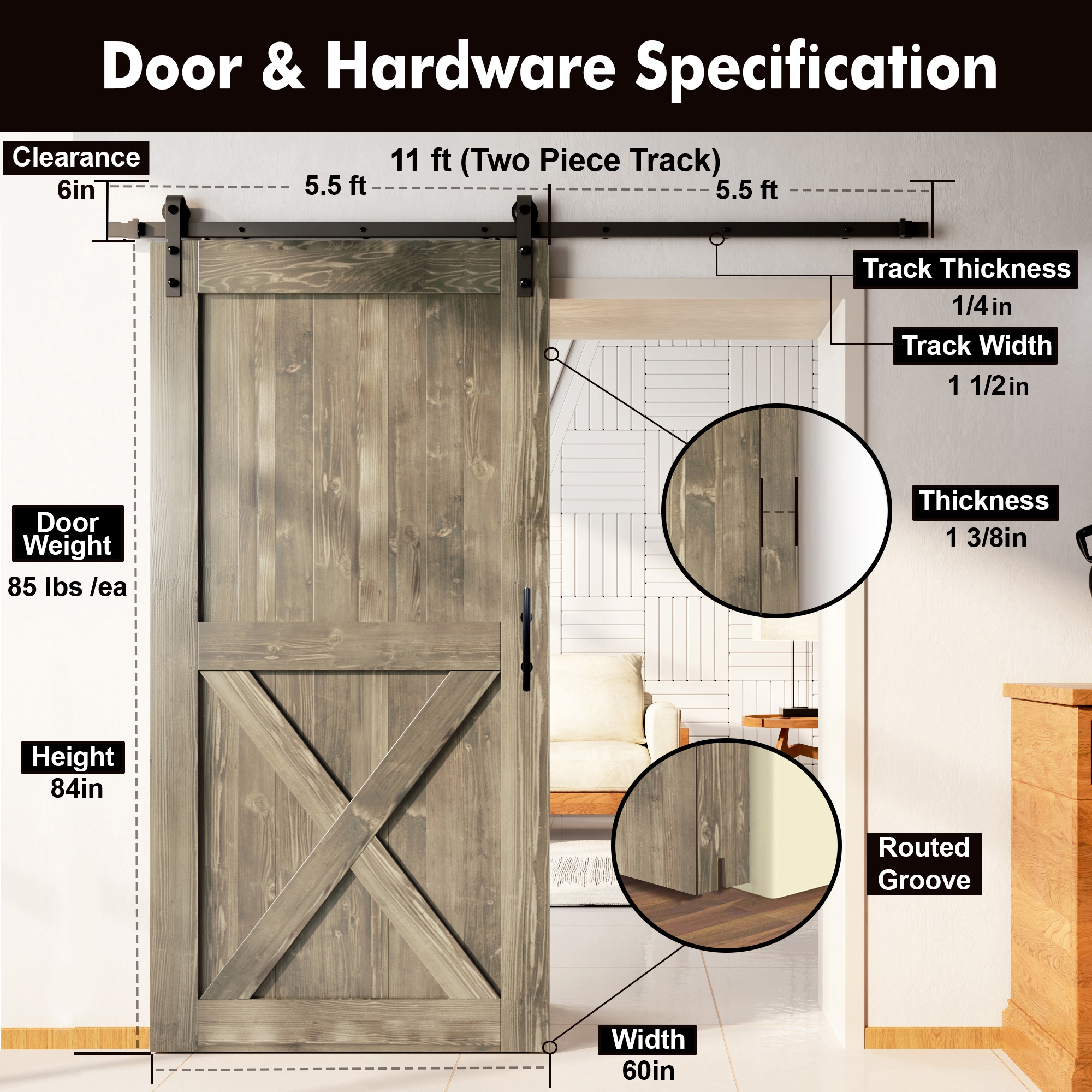 HOMACER YT1TGH132C-6084-X-GR Barn-Doors - View #7