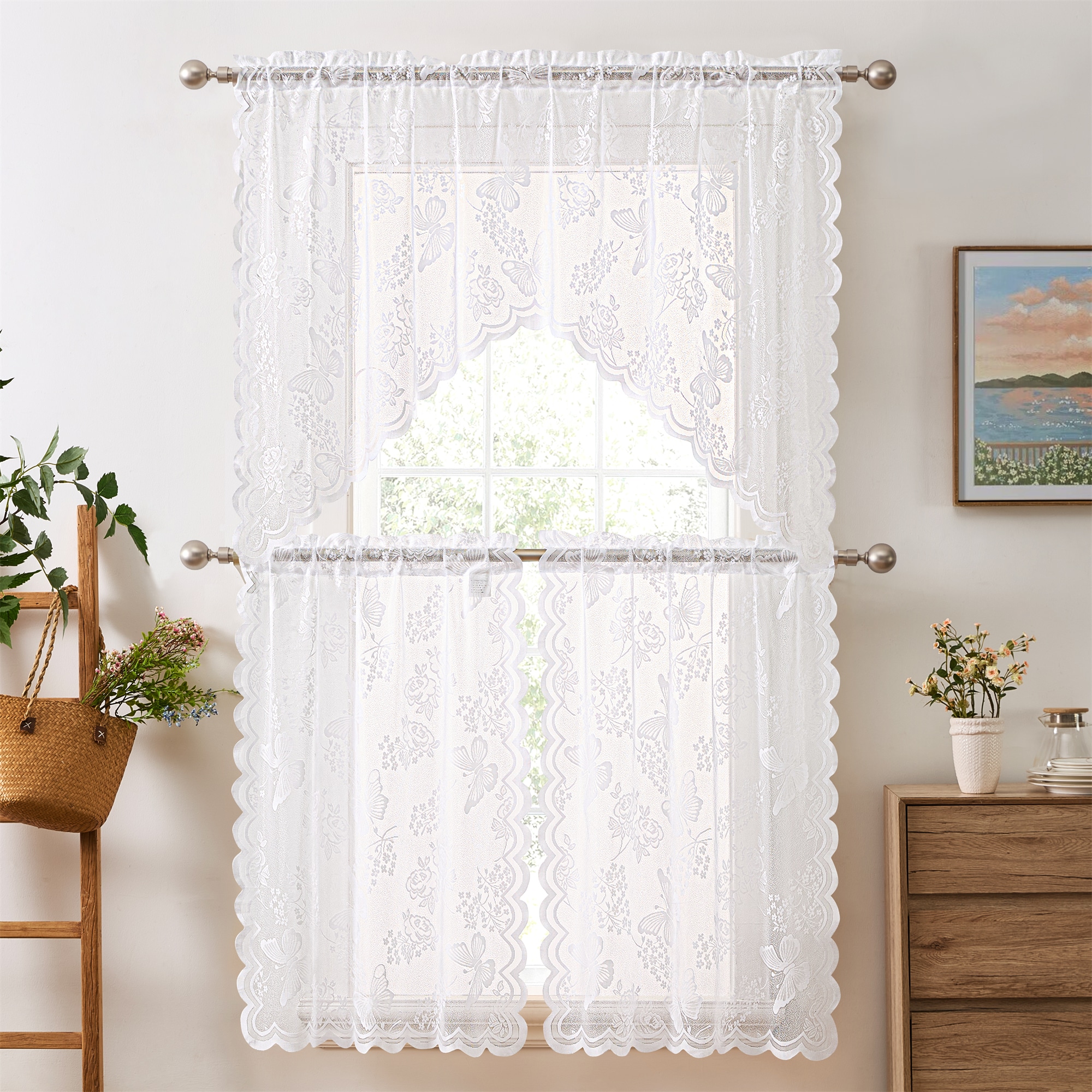 HLC.me BFLY-WHT-36-KC Butterfly Floral Lace 3 Piece Kitchen Curtains - Sheer Window Swag Valance and Tier Set
