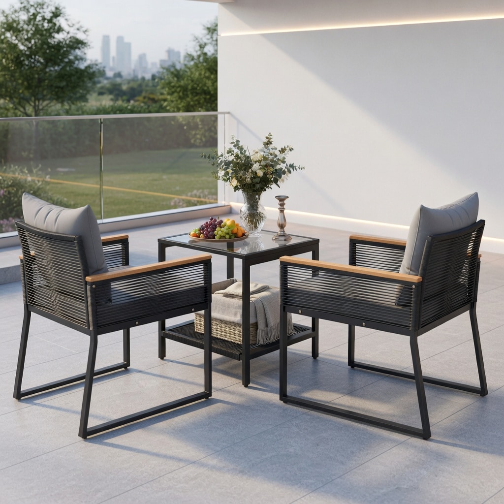 Choco Moon - 3-Piece Outdoor PE Rattan Patio Furniture Set Gray Woven Armchairs Two-Tier Tempered...