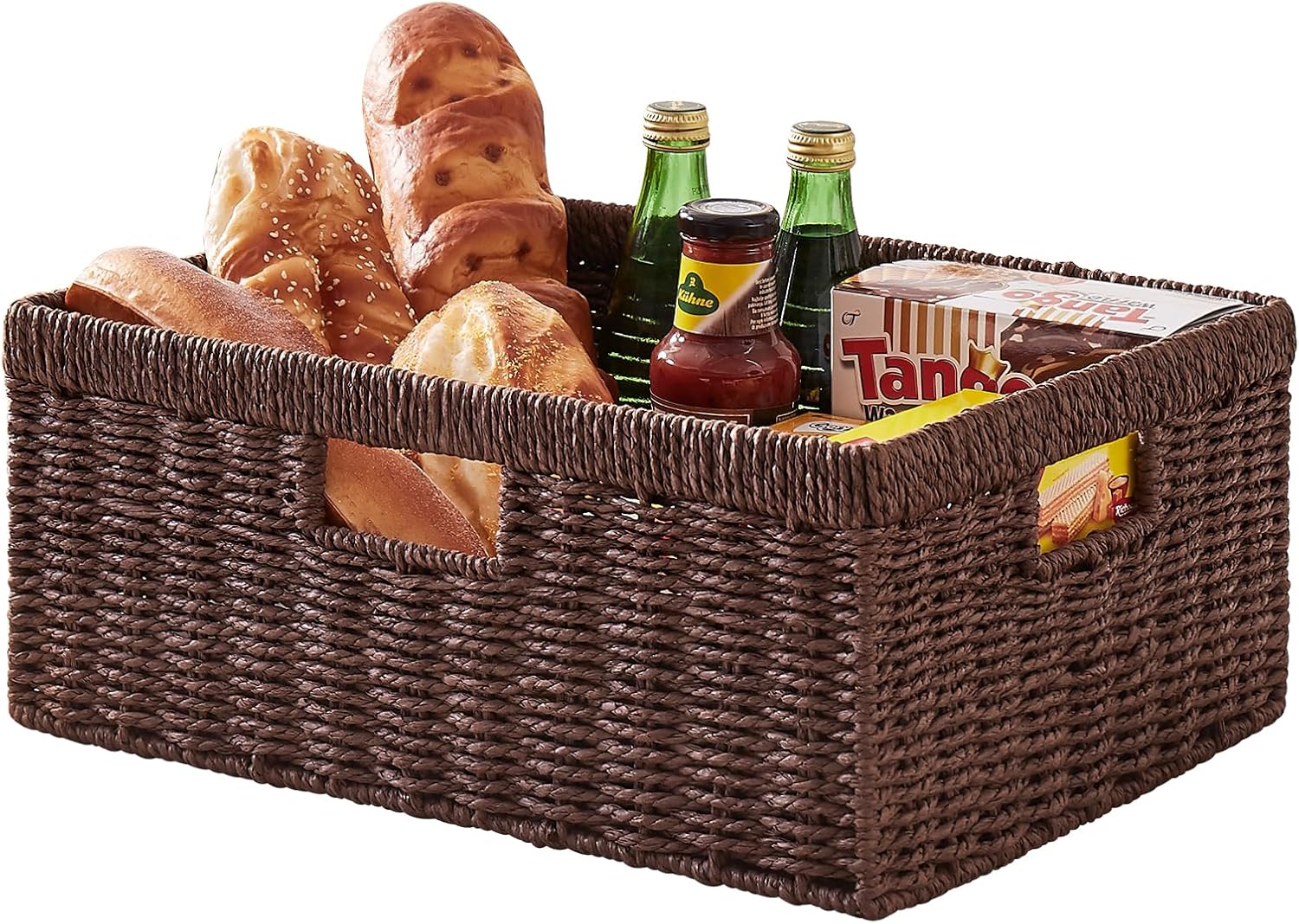 OIAHOMY Wicker Basket Paper Shelf Basket with Built in Handles Rectangular Wicker Storage Bin for Pantry Shelves 1 Pack Brown #B0DSHP49KY