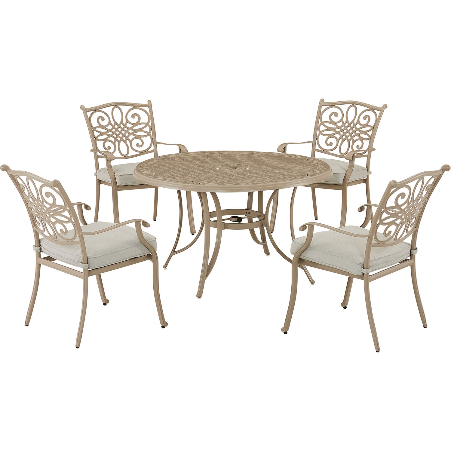 Hanover TRADDNS5PC-BE Traditions 5-Piece Bronze Patio Dining Set Aluminum Round Table with 4 Tan Cushions Stationary Chairs