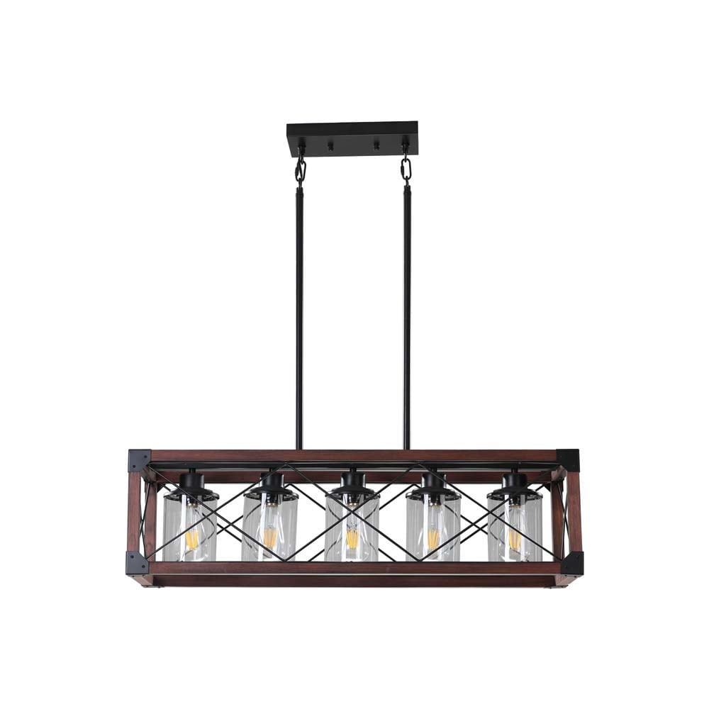 32 in. Red Wood Industrial Farmhouse Rectangle Pendant Light 5-Light Chandelier with Lampshade for Dining Room
