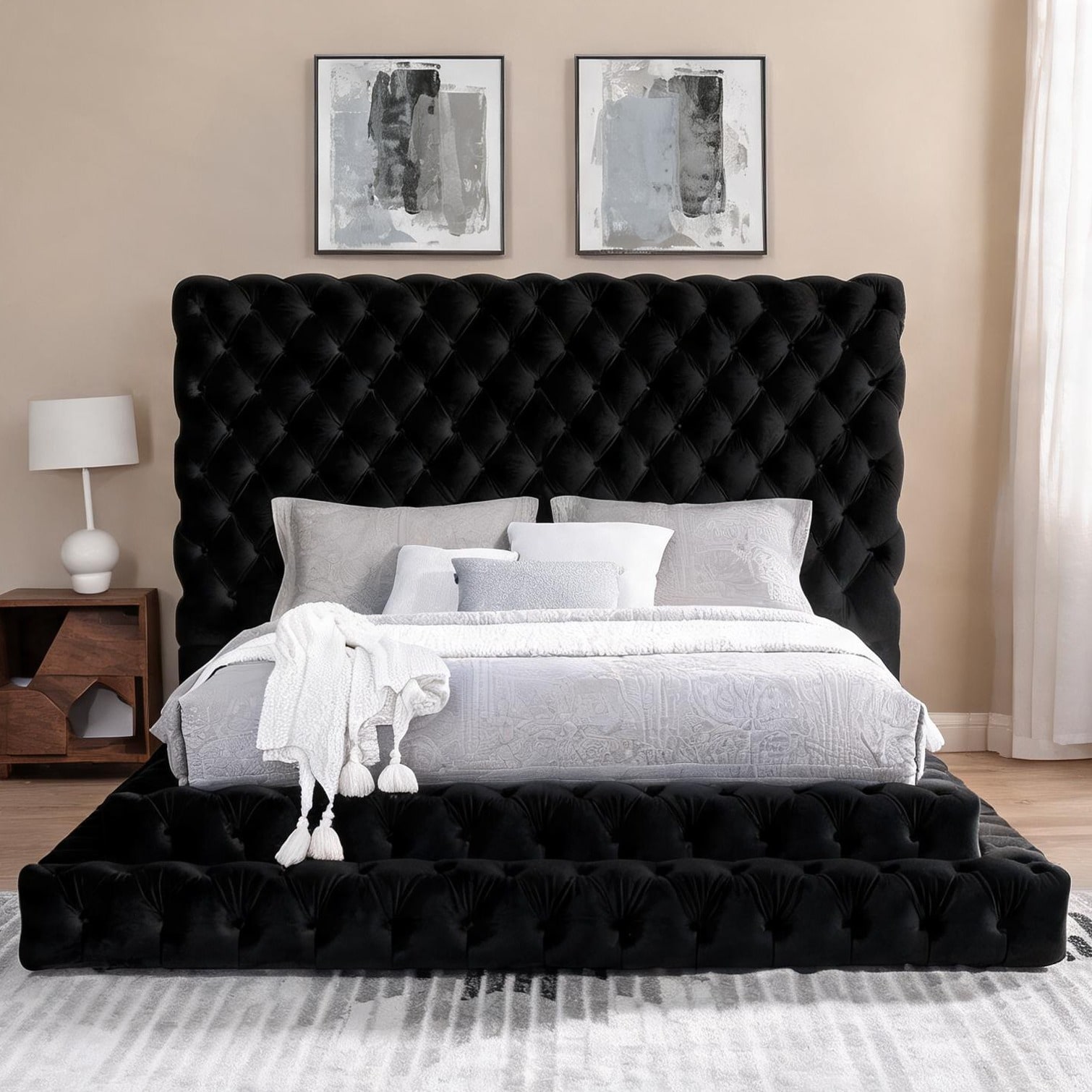 Naturefalls - Tufted Upholstered Platform Bed Black Fabric Eastern King Oversized Headboard