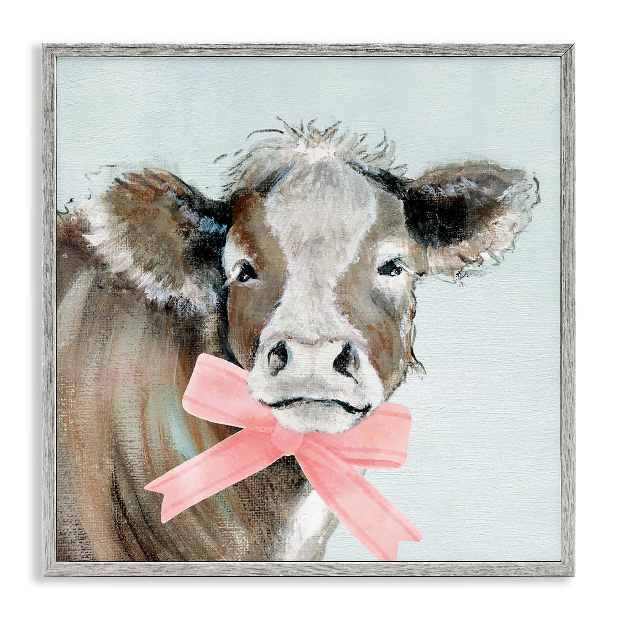 Stupell Industries BS-211-GFF-12X12 Cow with Pastel Ribbon Gray Framed Giclee Art By Janet Tava 12 x 12