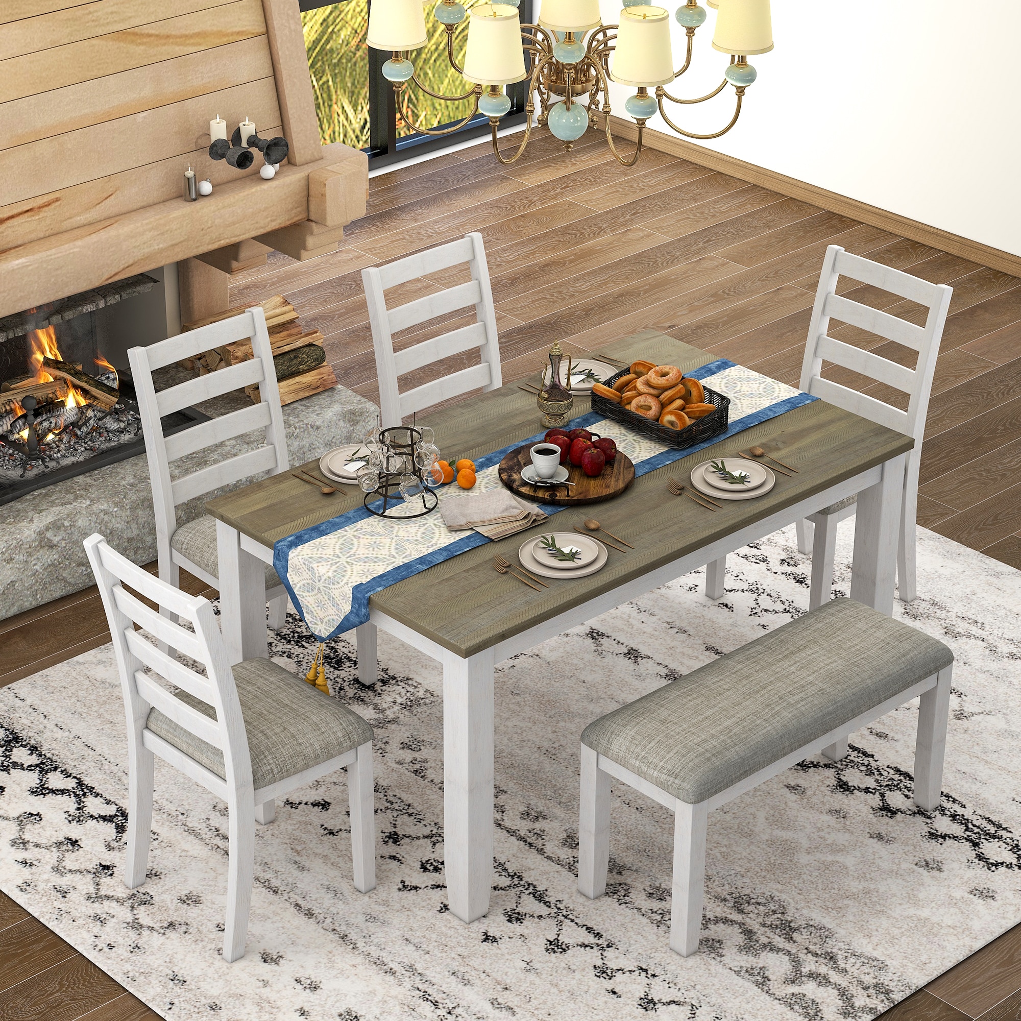 Qualler DTM000042D Brown+Whitewash Contemporary/Modern Dining Room Set with Rectangular Table ( Seats 6 )