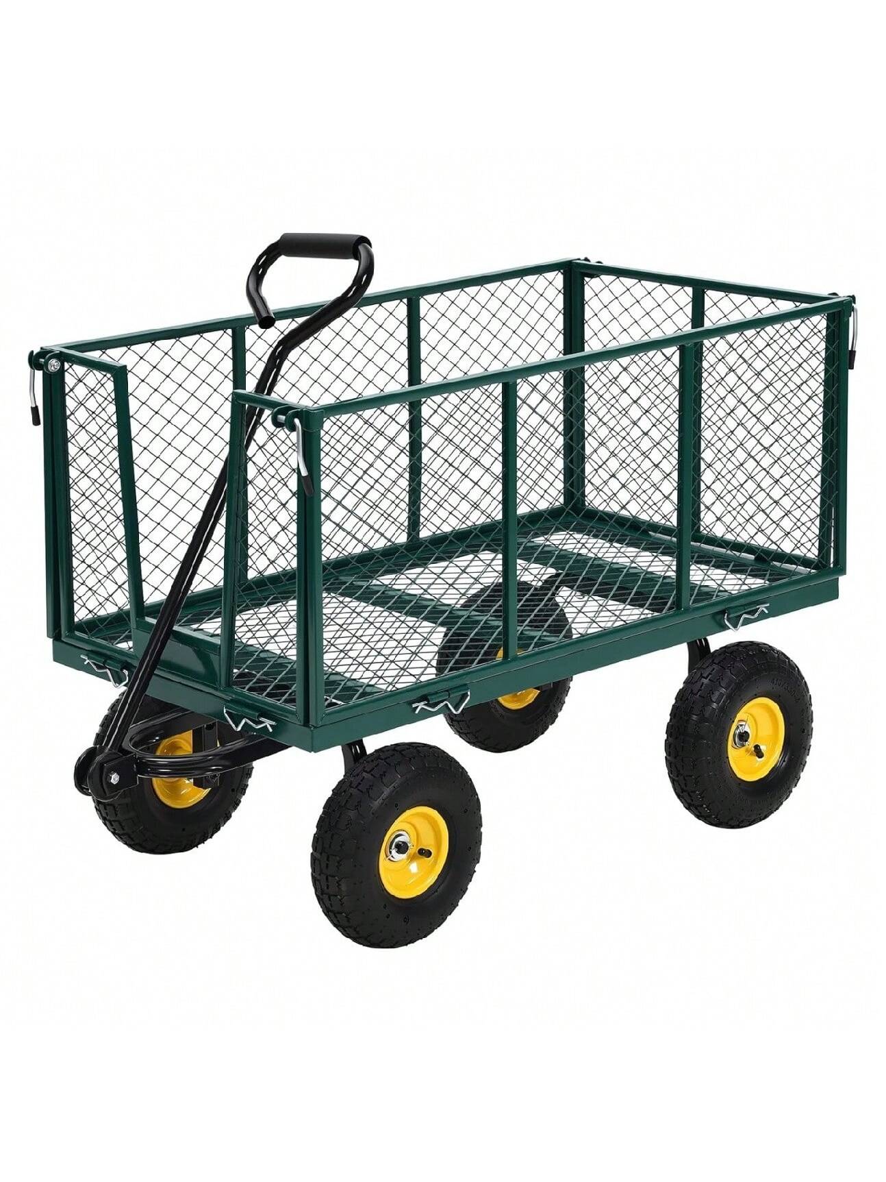 Qeetex BY-PPG-33ESR9K9 Heavy Duty Garden Cart On Wheels -1100 Lbs Metal Wagon With 10inch Pneumatic Wheels 180 Degrees Celsius Rotating Handle and Removable Sides - All-Terrain Yard Wagon For Farm Beach and Outdoor Use