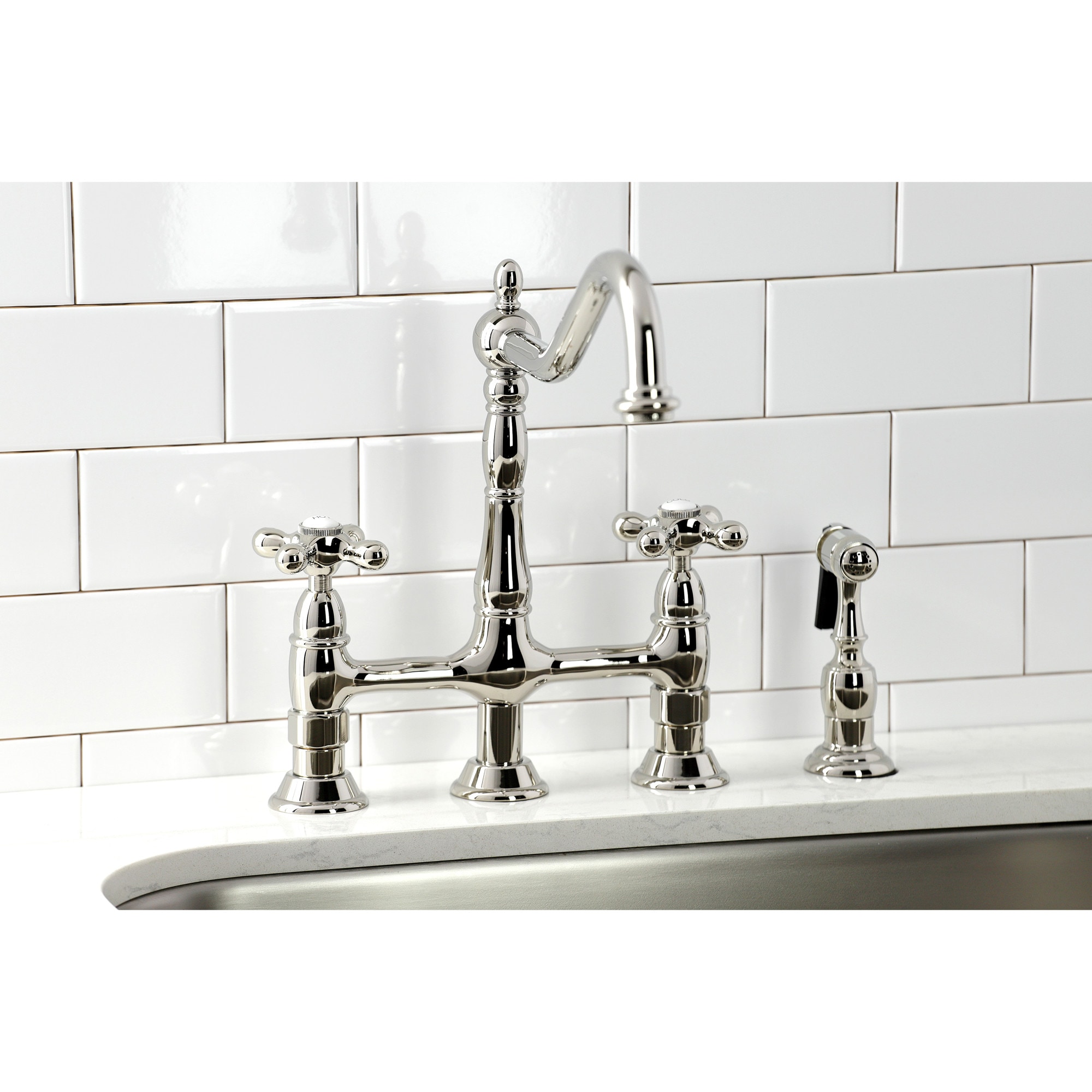 Kingston Brass WLKS1276AXBS Heritage Polished Nickel Double Handle Deck-mount Bridge Kitchen Faucet ( Side Sprayer Included )